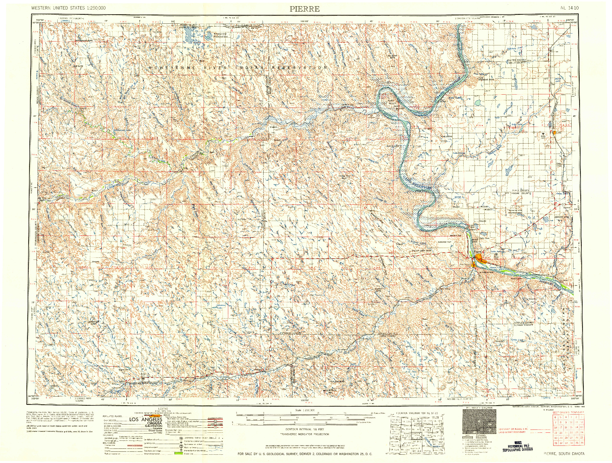 USGS 1:250000-SCALE QUADRANGLE FOR PIERRE, SD 1958