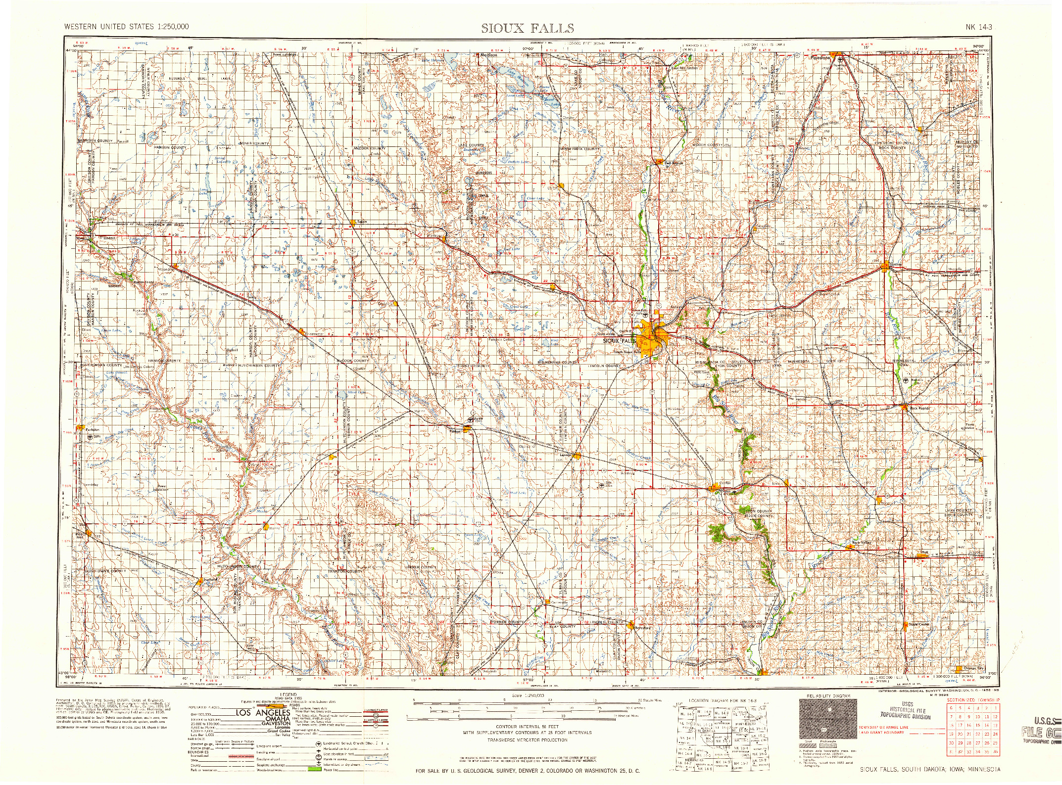 USGS 1:250000-SCALE QUADRANGLE FOR SIOUX FALLS, SD 1958