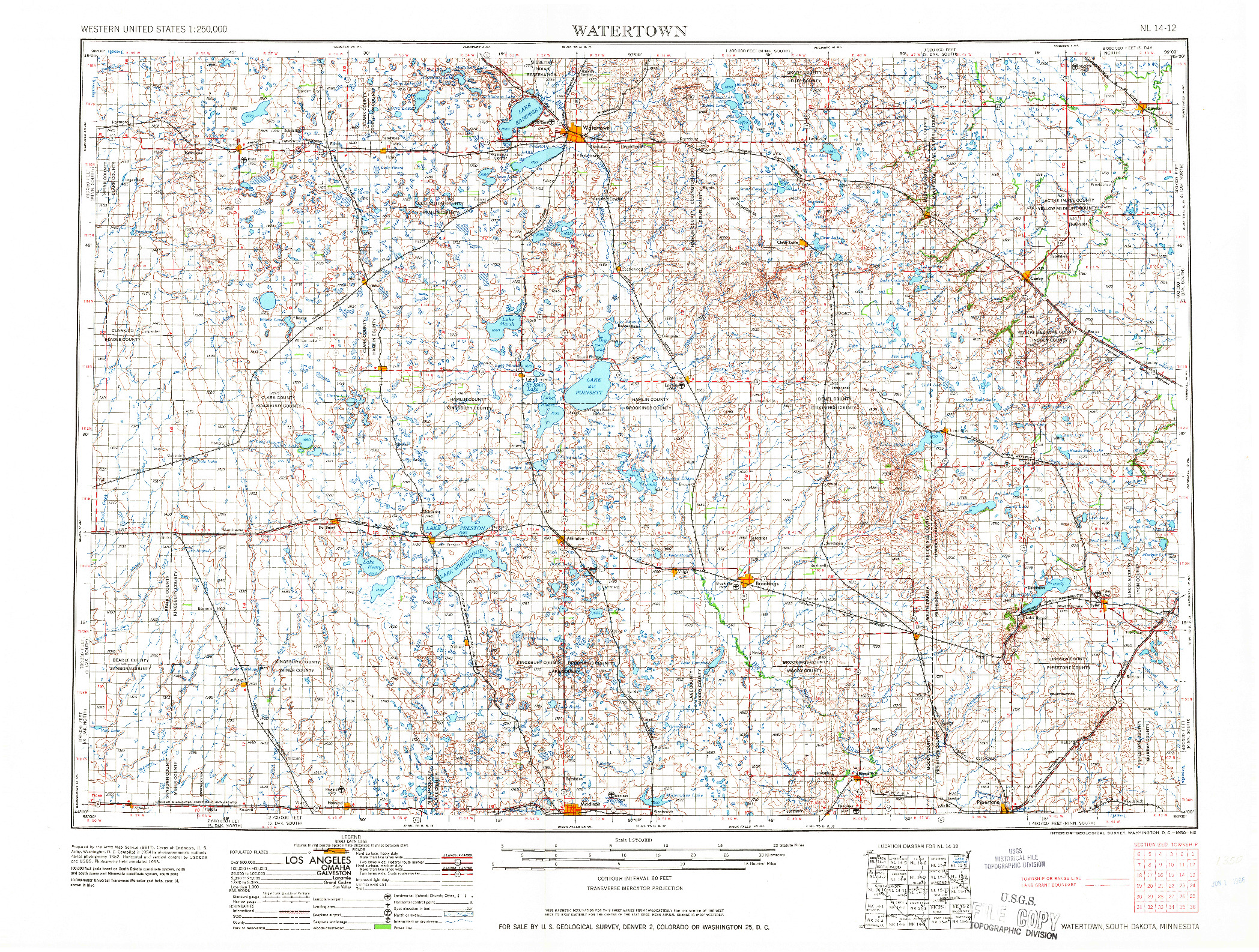 USGS 1:250000-SCALE QUADRANGLE FOR WATERTOWN, SD 1958