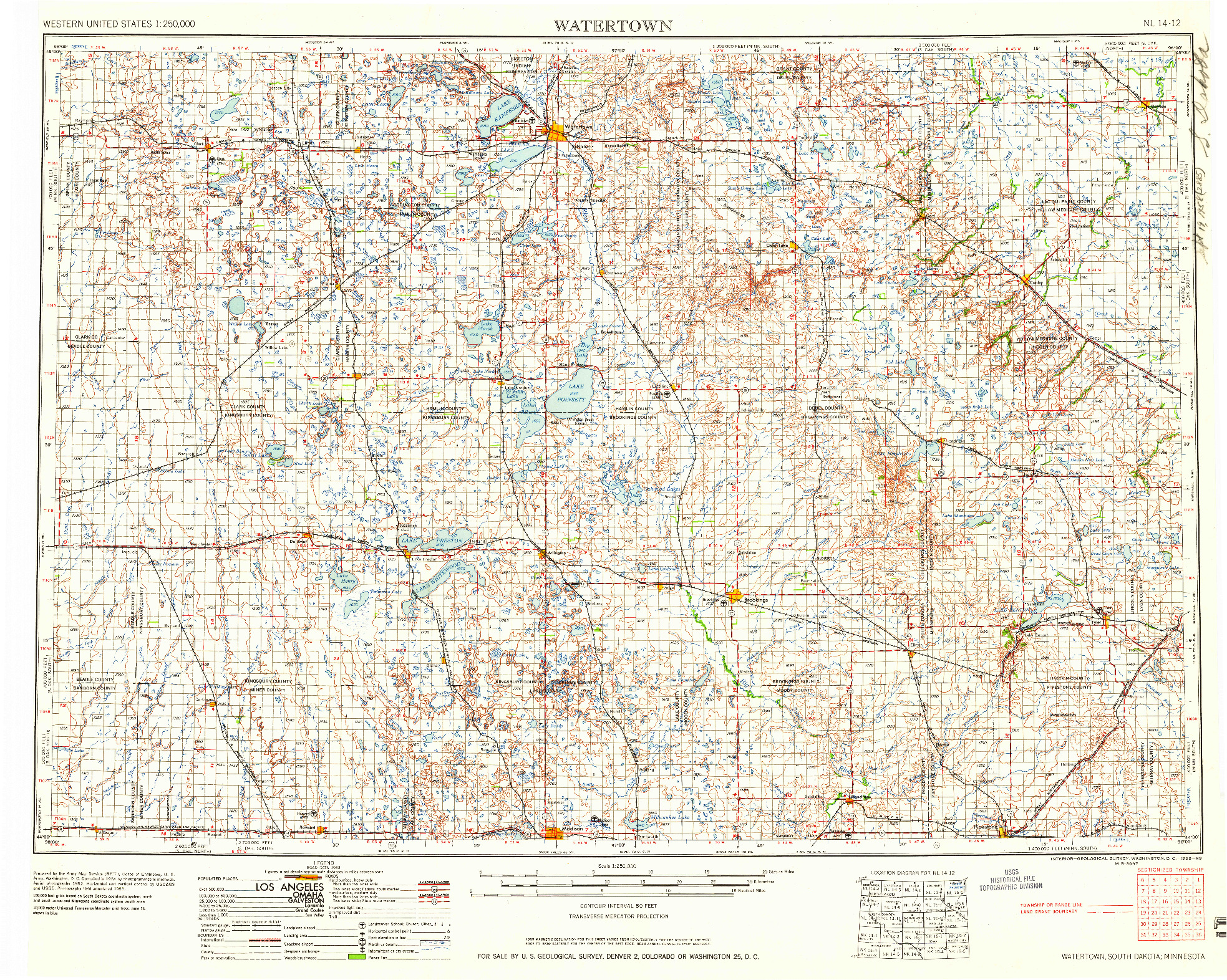 USGS 1:250000-SCALE QUADRANGLE FOR WATERTOWN, SD 1958