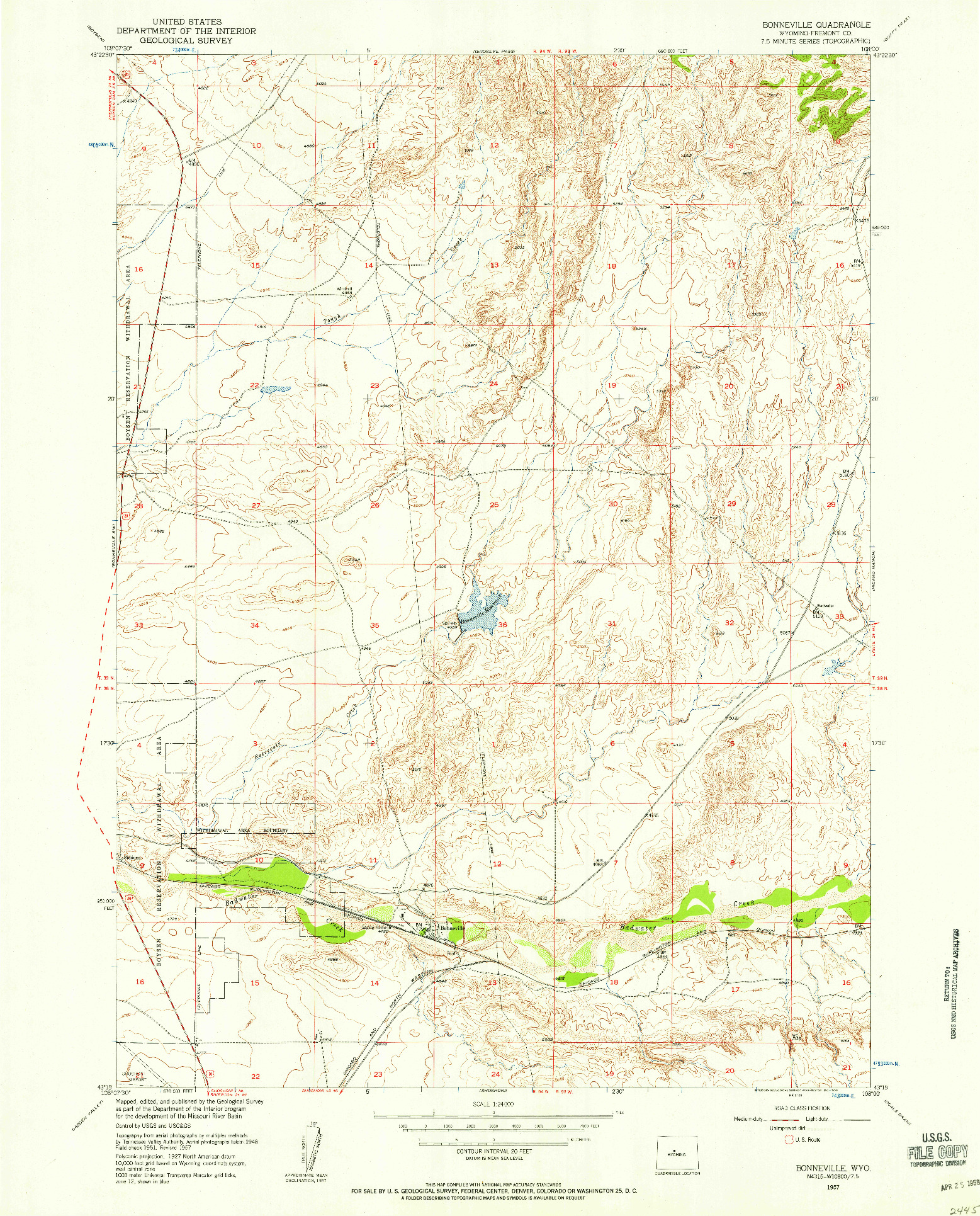 USGS 1:24000-SCALE QUADRANGLE FOR BONNEVILLE, WY 1957