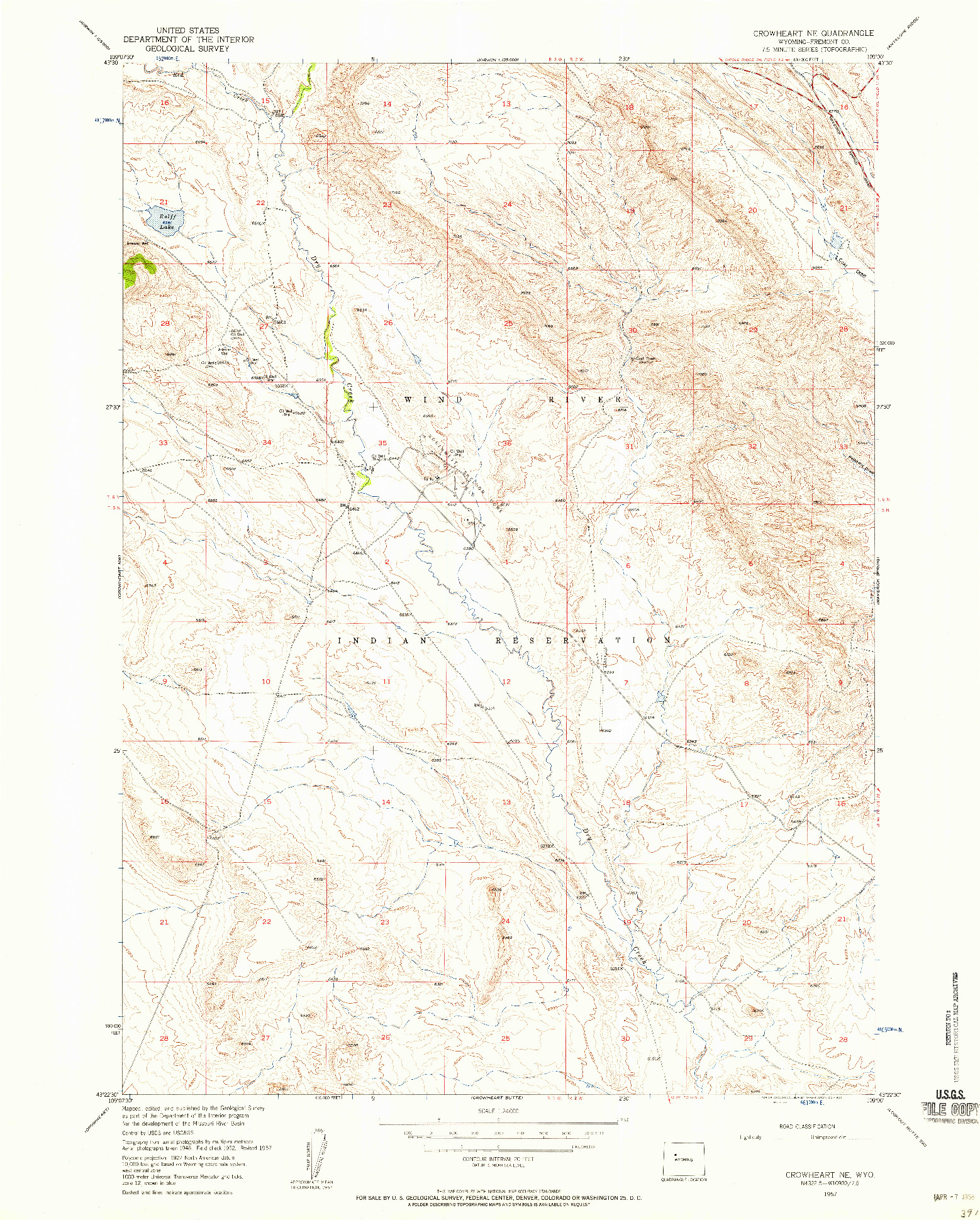 USGS 1:24000-SCALE QUADRANGLE FOR CROWHEART NE, WY 1957