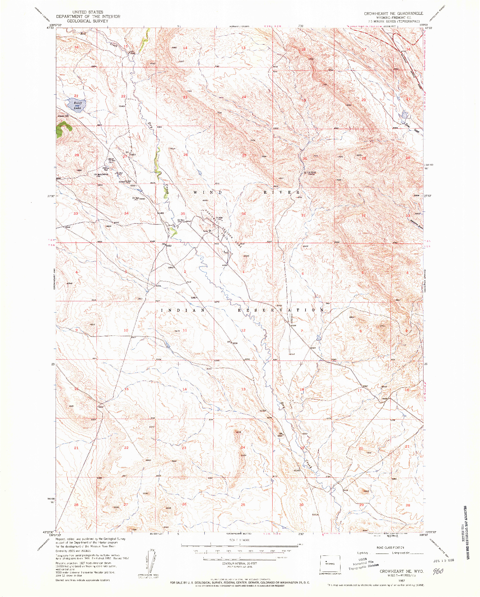 USGS 1:24000-SCALE QUADRANGLE FOR CROWHEART NE, WY 1957