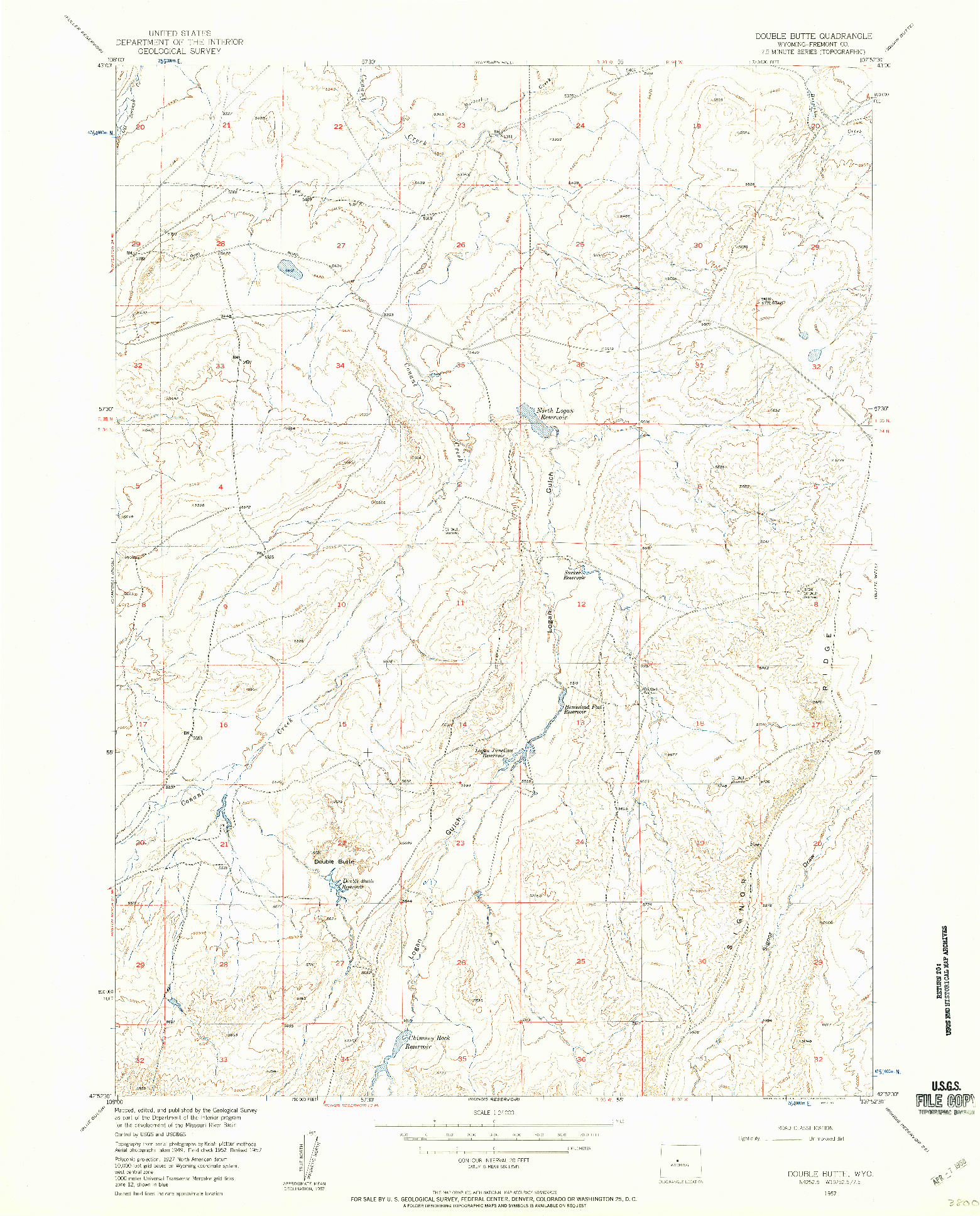 USGS 1:24000-SCALE QUADRANGLE FOR DOUBLE BUTTE, WY 1957