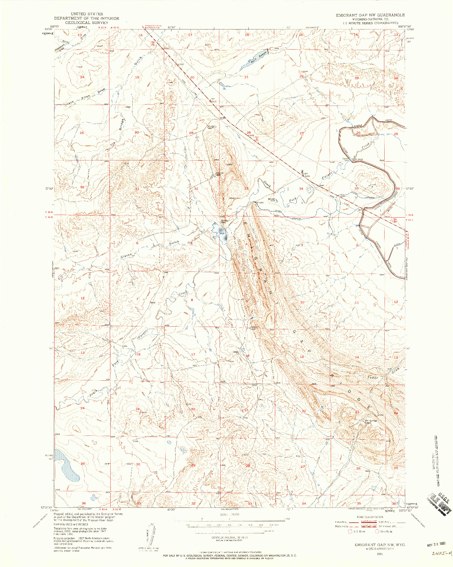 USGS 1:24000-SCALE QUADRANGLE FOR EMIGRANT GAP NW, WY 1951