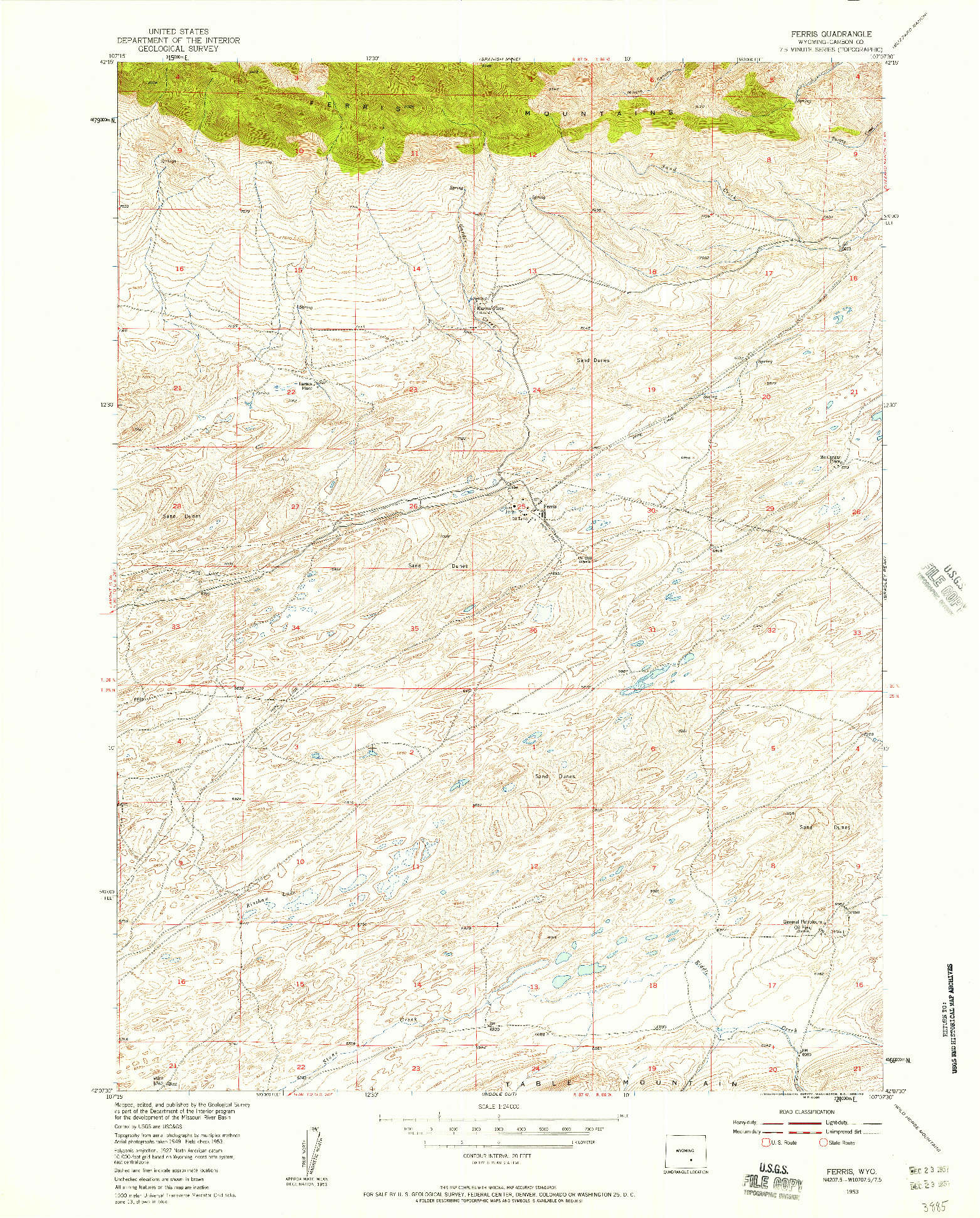 USGS 1:24000-SCALE QUADRANGLE FOR FERRIS, WY 1953