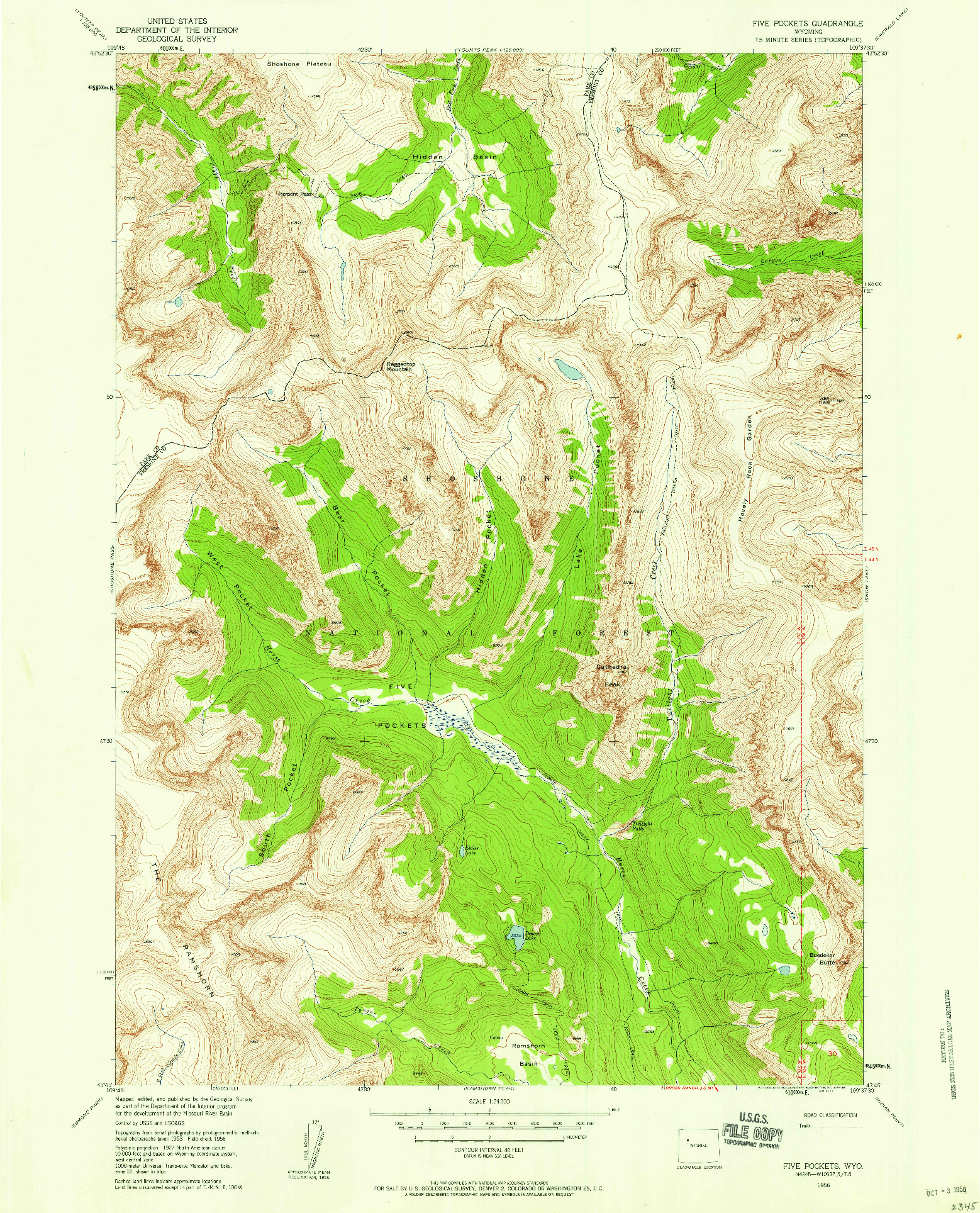 USGS 1:24000-SCALE QUADRANGLE FOR FIVE POCKETS, WY 1956