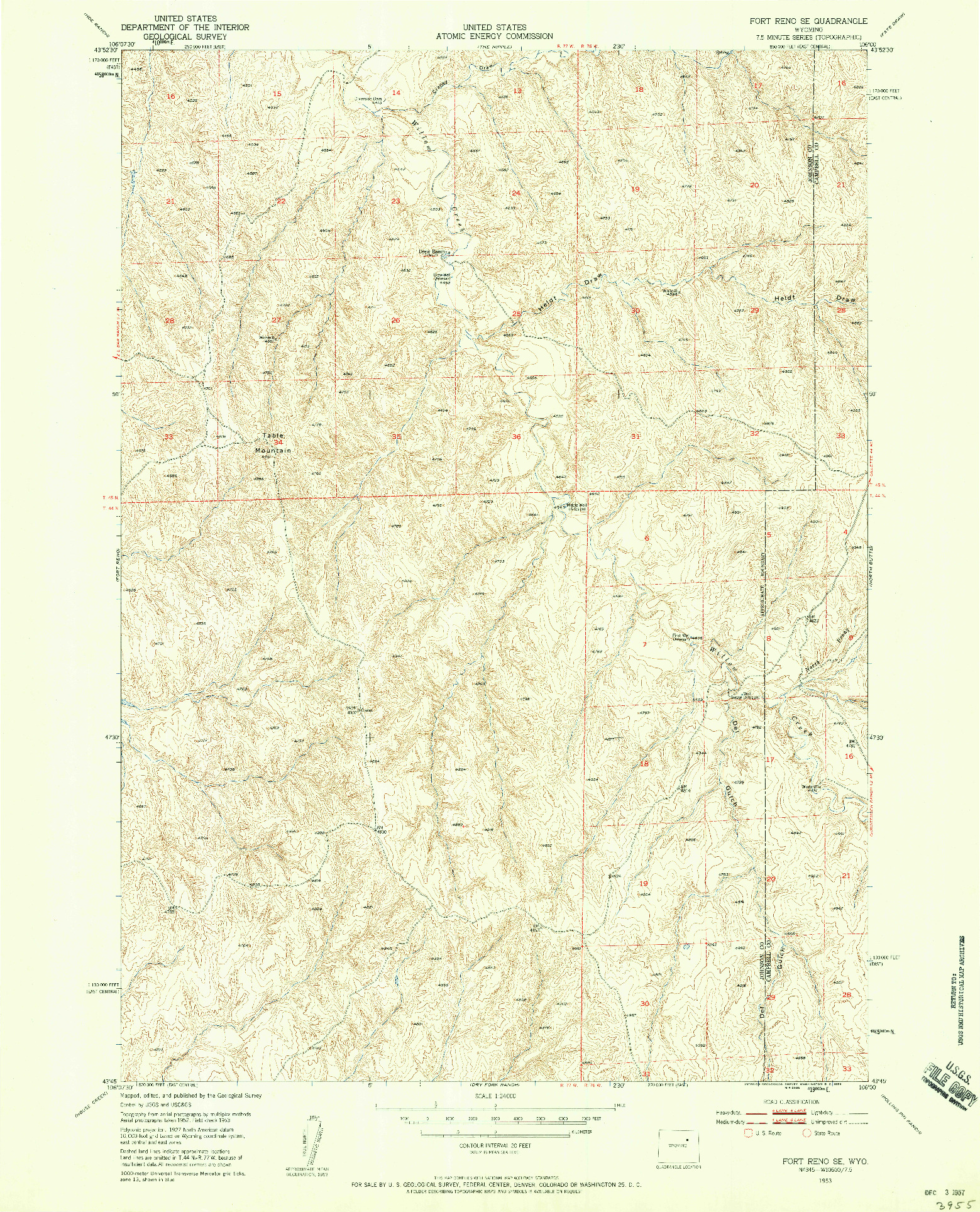 USGS 1:24000-SCALE QUADRANGLE FOR FORT RENO SE, WY 1953