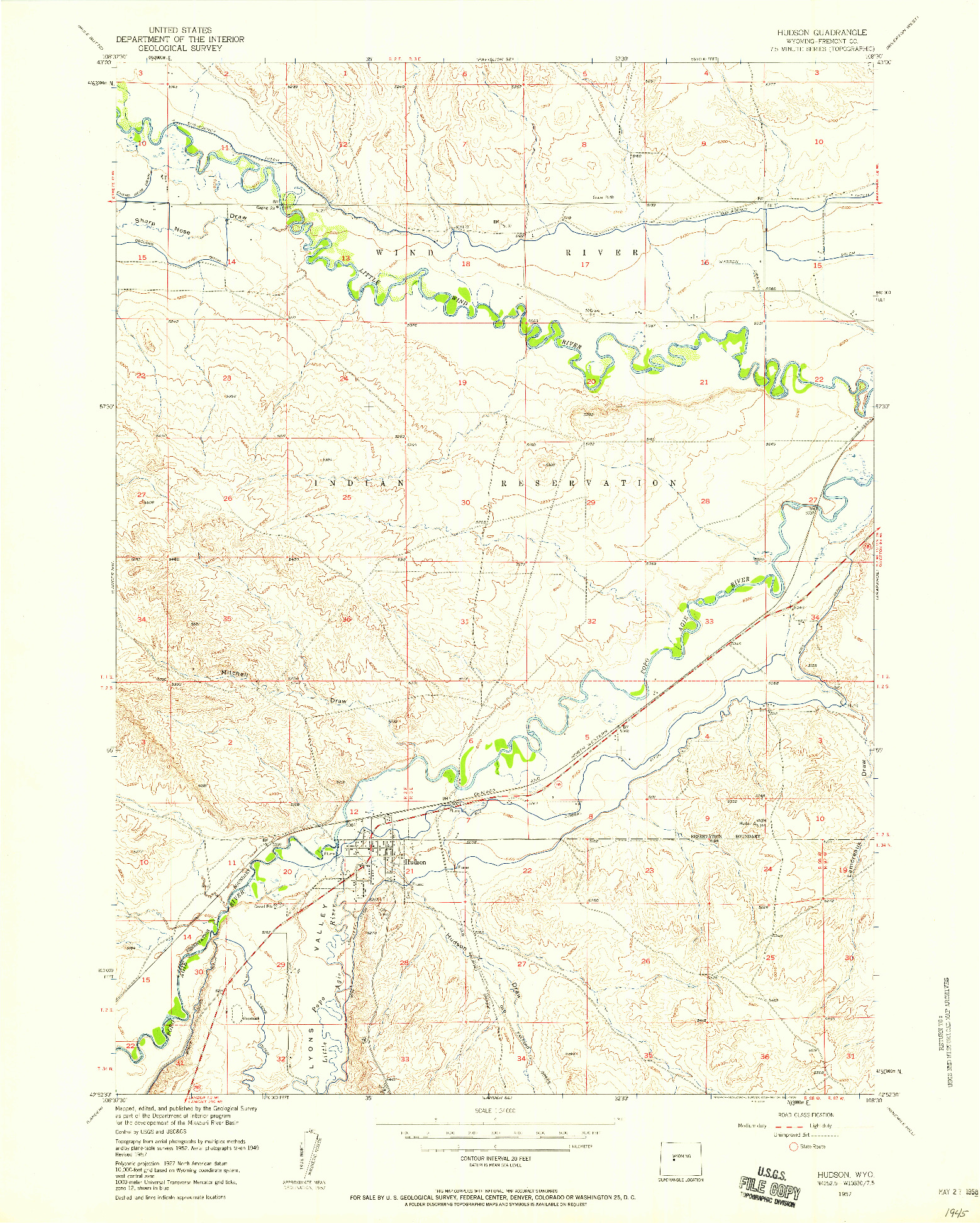 USGS 1:24000-SCALE QUADRANGLE FOR HUDSON, WY 1957