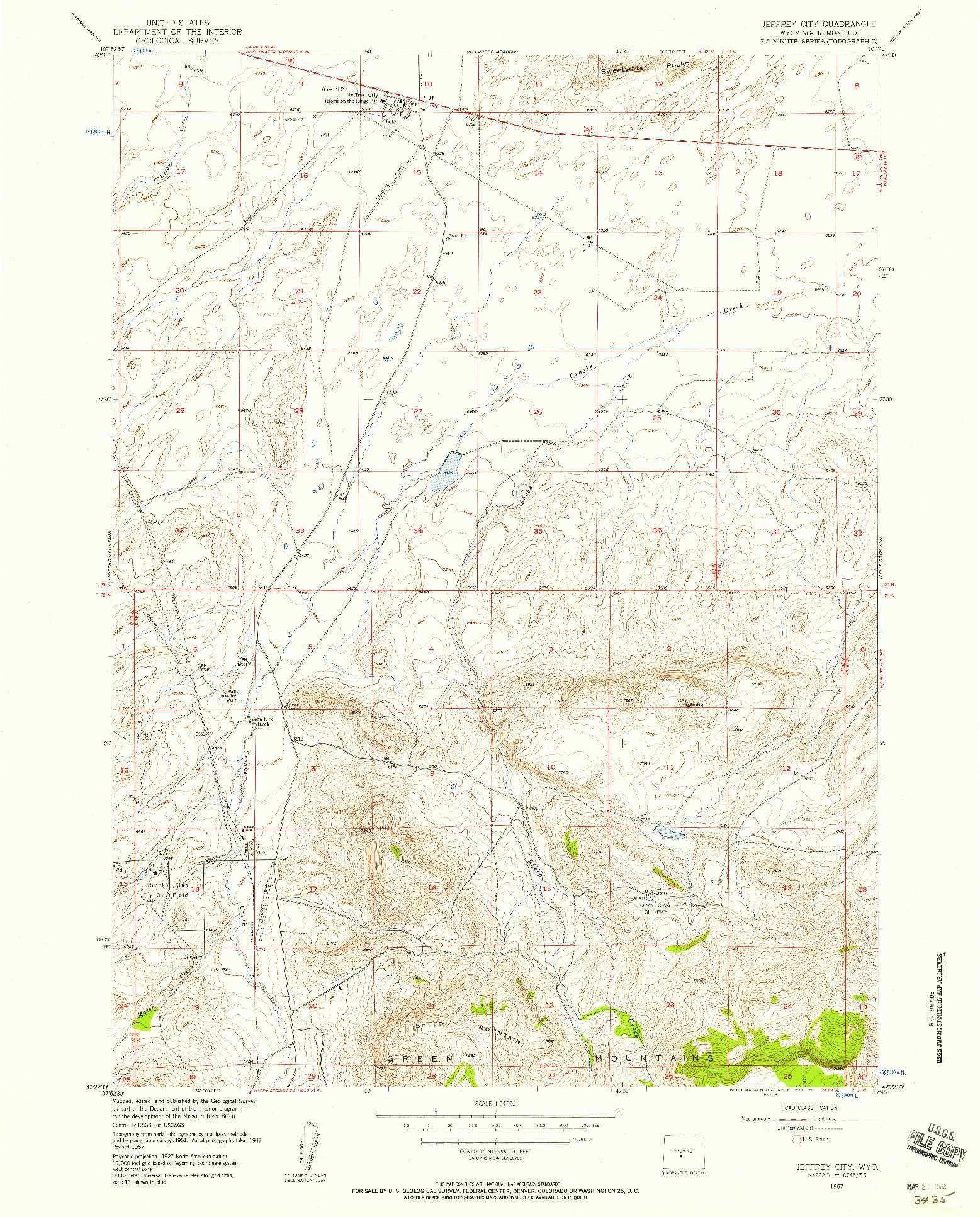 USGS 1:24000-SCALE QUADRANGLE FOR JEFFREY CITY, WY 1957
