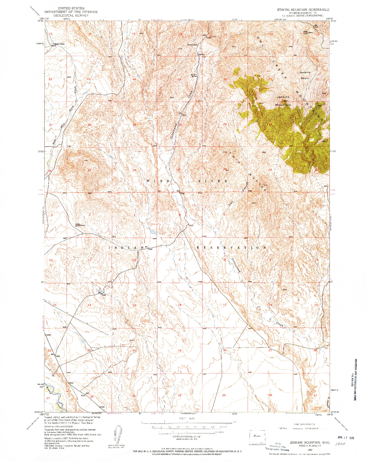 USGS 1:24000-SCALE QUADRANGLE FOR JENKINS MOUNTAIN, WY 1957