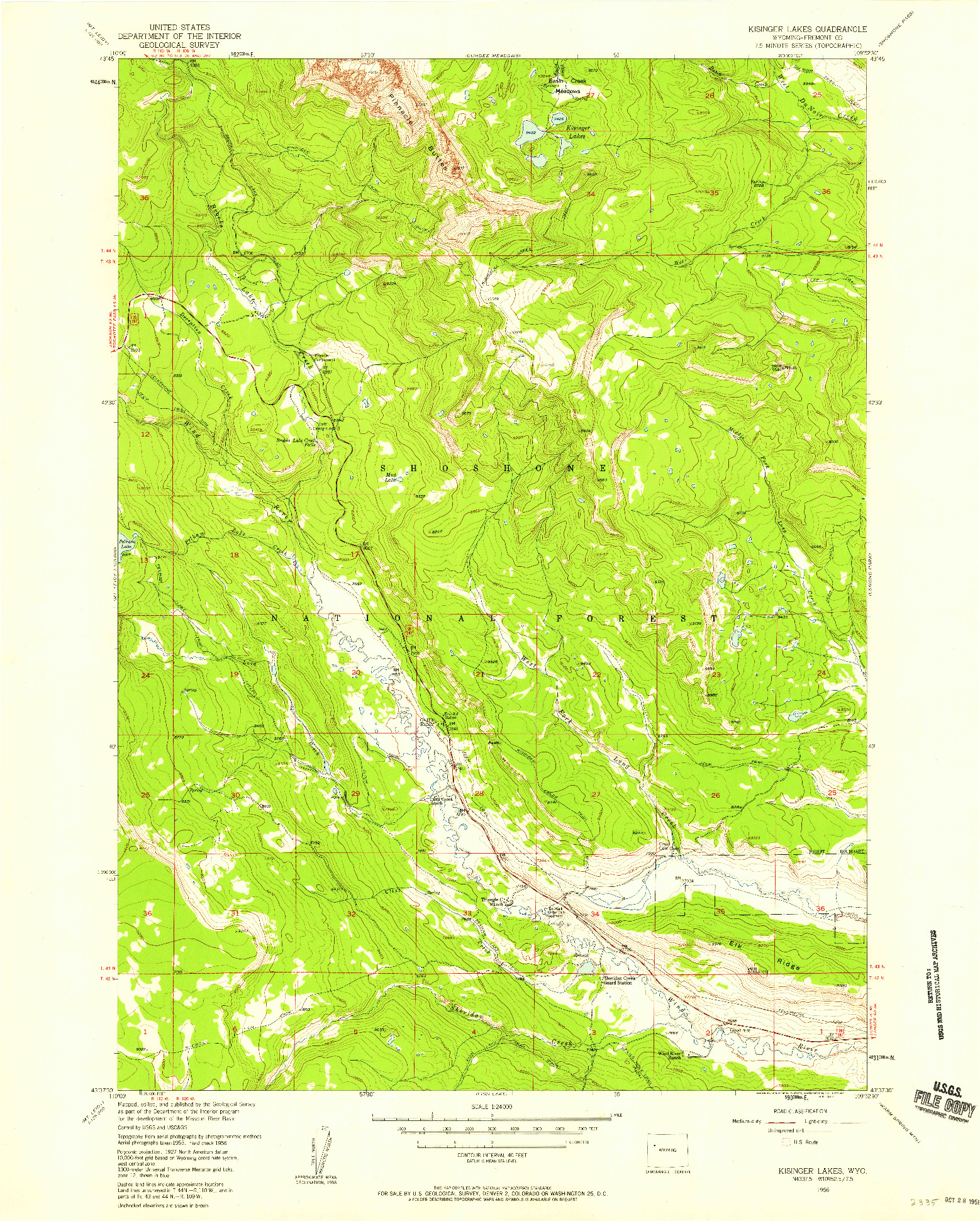 USGS 1:24000-SCALE QUADRANGLE FOR KISINGER LAKES, WY 1956