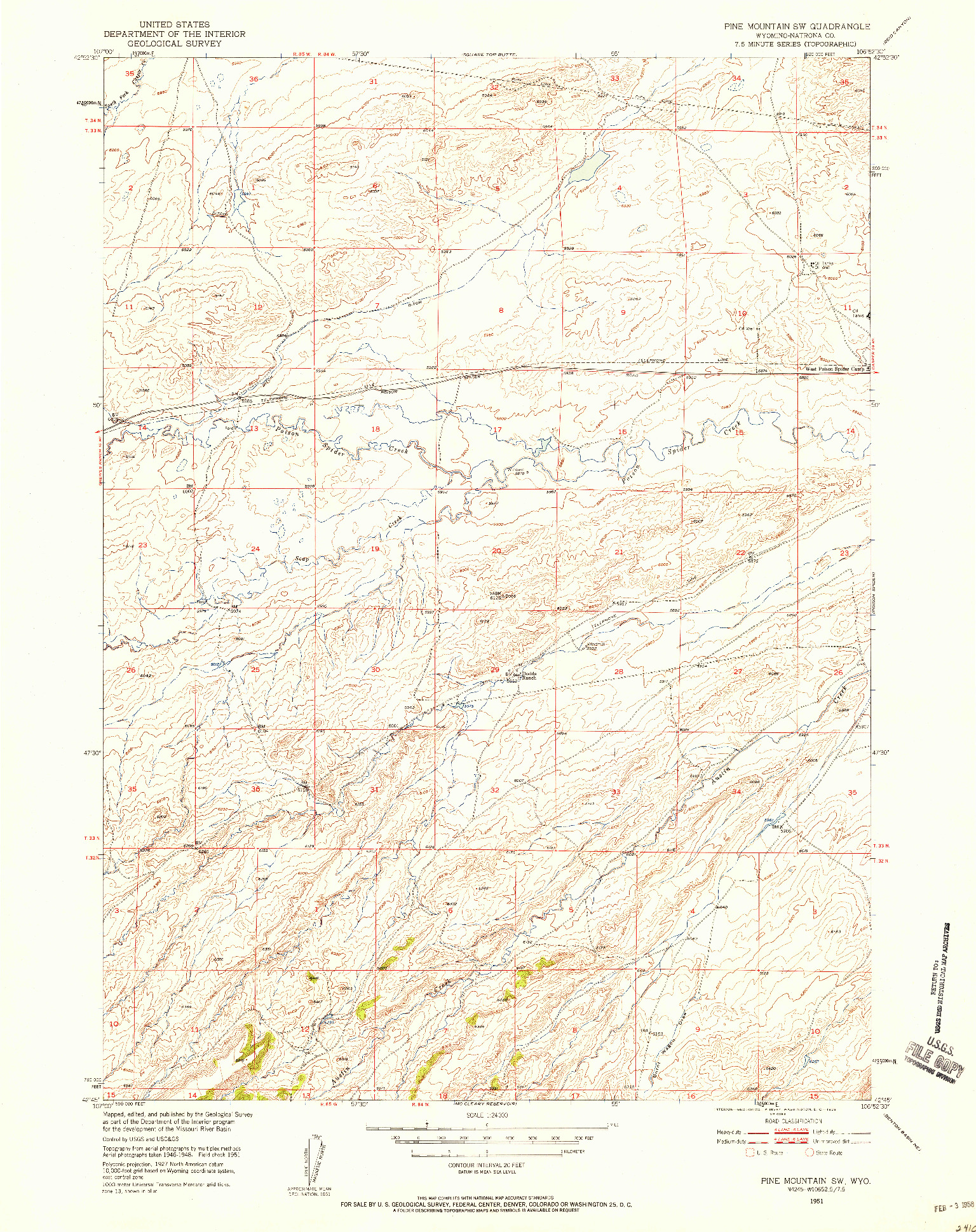 USGS 1:24000-SCALE QUADRANGLE FOR PINE MOUNTAIN SW, WY 1951