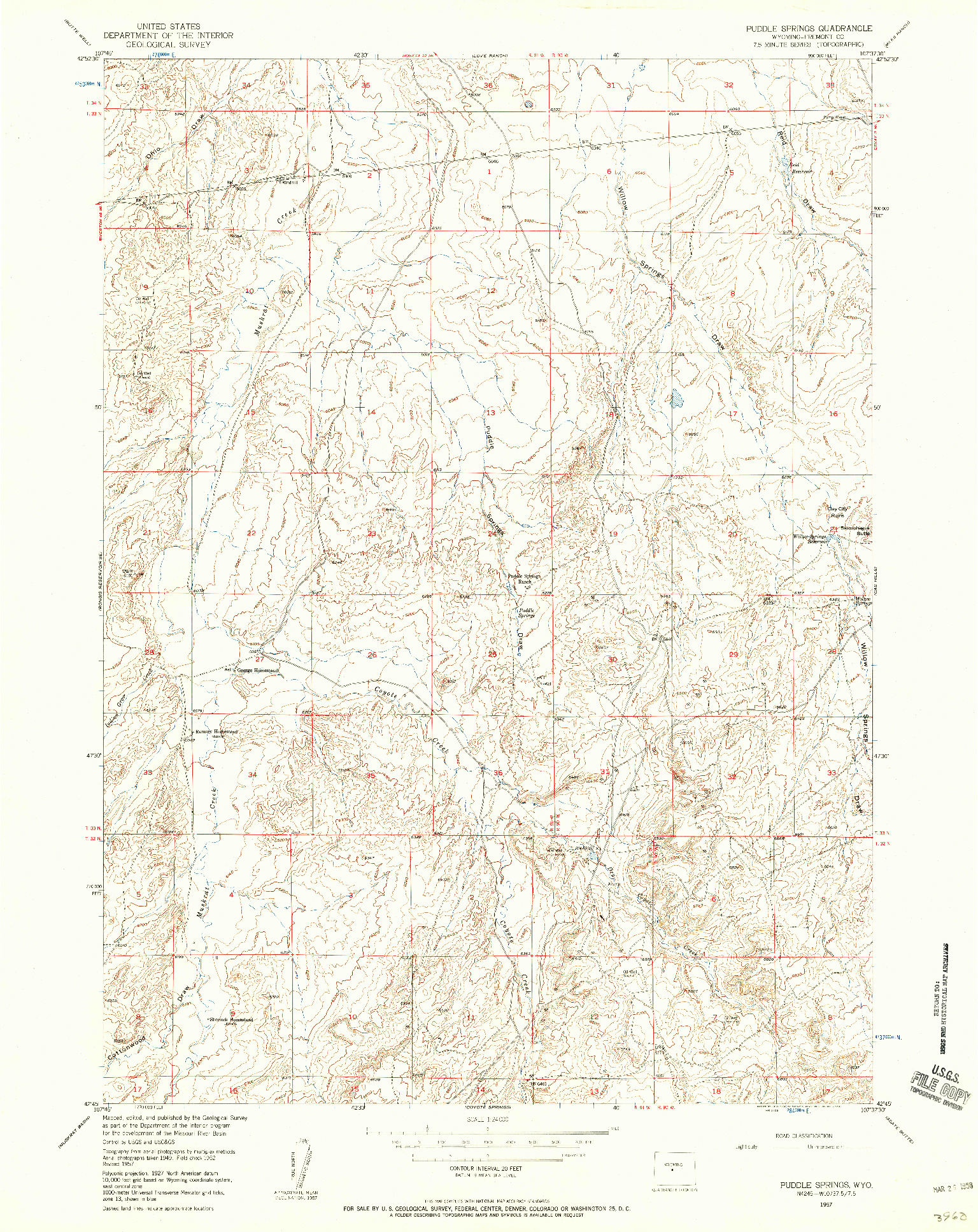 USGS 1:24000-SCALE QUADRANGLE FOR PUDDLE SPRINGS, WY 1957