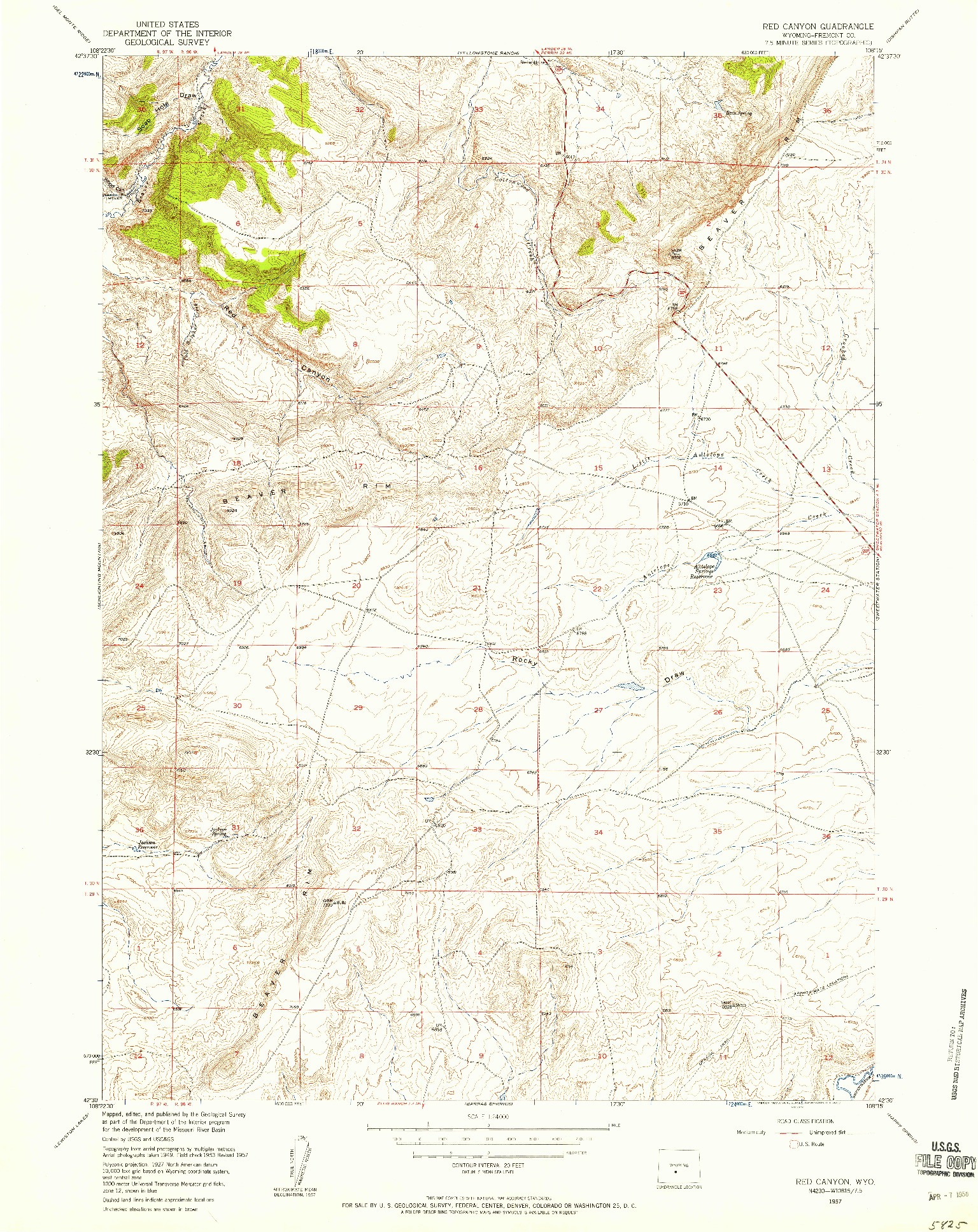 USGS 1:24000-SCALE QUADRANGLE FOR RED CANYON, WY 1957