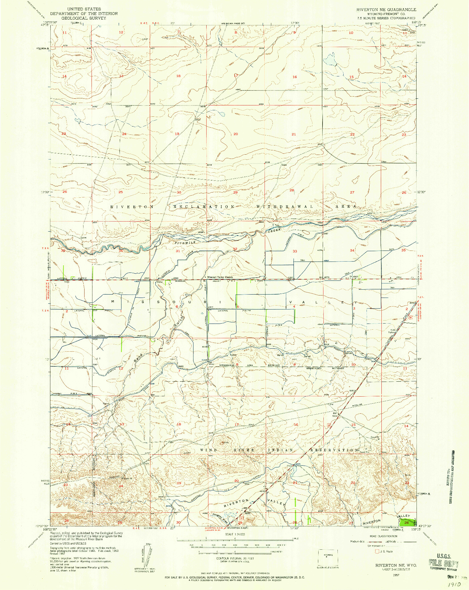 USGS 1:24000-SCALE QUADRANGLE FOR RIVERTON NE, WY 1957