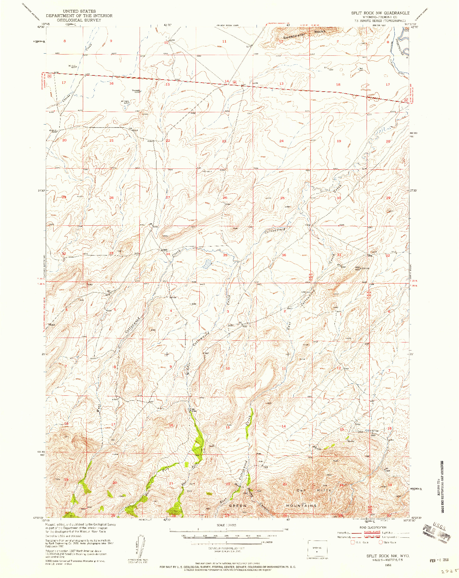USGS 1:24000-SCALE QUADRANGLE FOR SPLIT ROCK NW, WY 1951