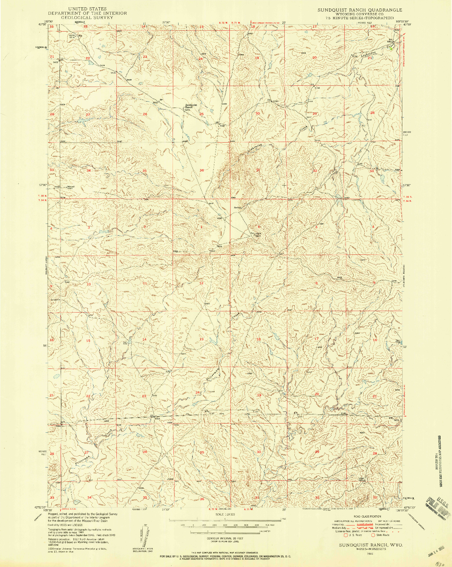 USGS 1:24000-SCALE QUADRANGLE FOR SUNDQUIST RANCH, WY 1949