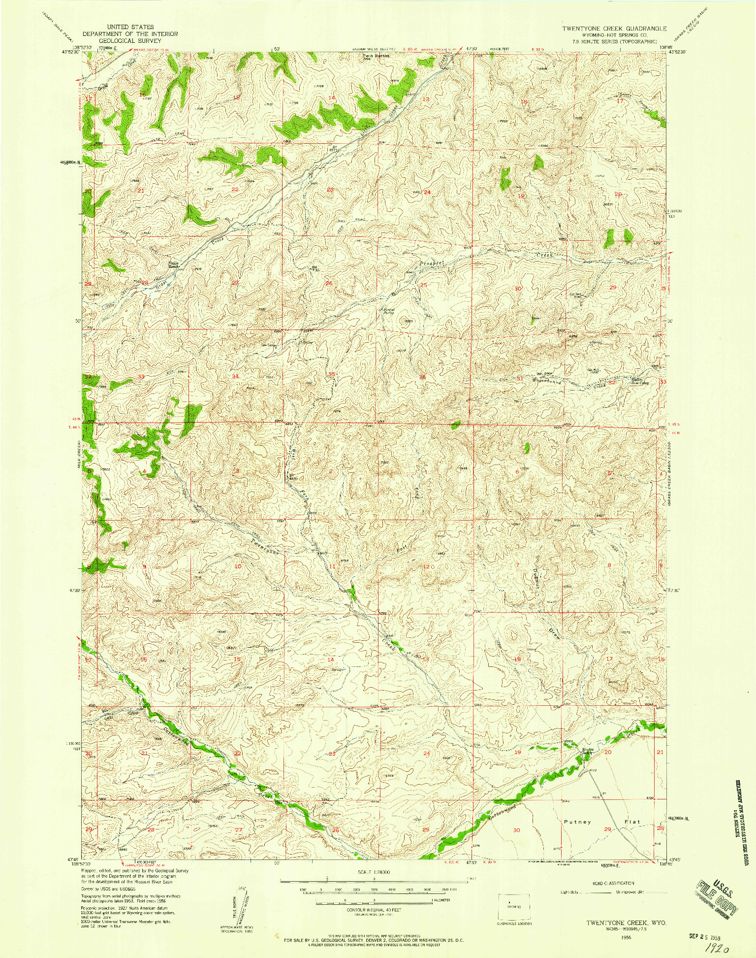 USGS 1:24000-SCALE QUADRANGLE FOR TWENTYONE CREEK, WY 1956