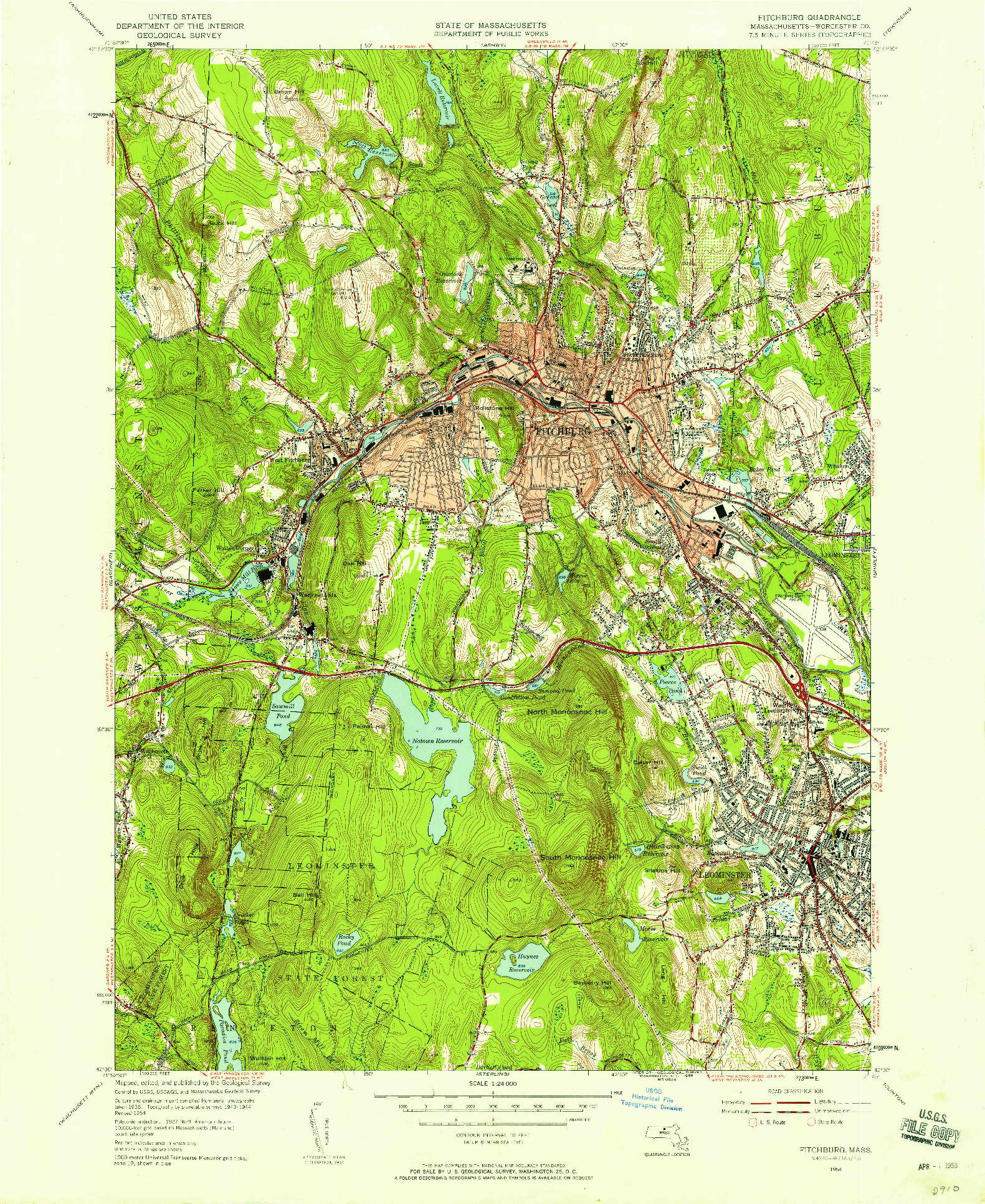 USGS 1:24000-SCALE QUADRANGLE FOR FITCHBURG, MA 1954