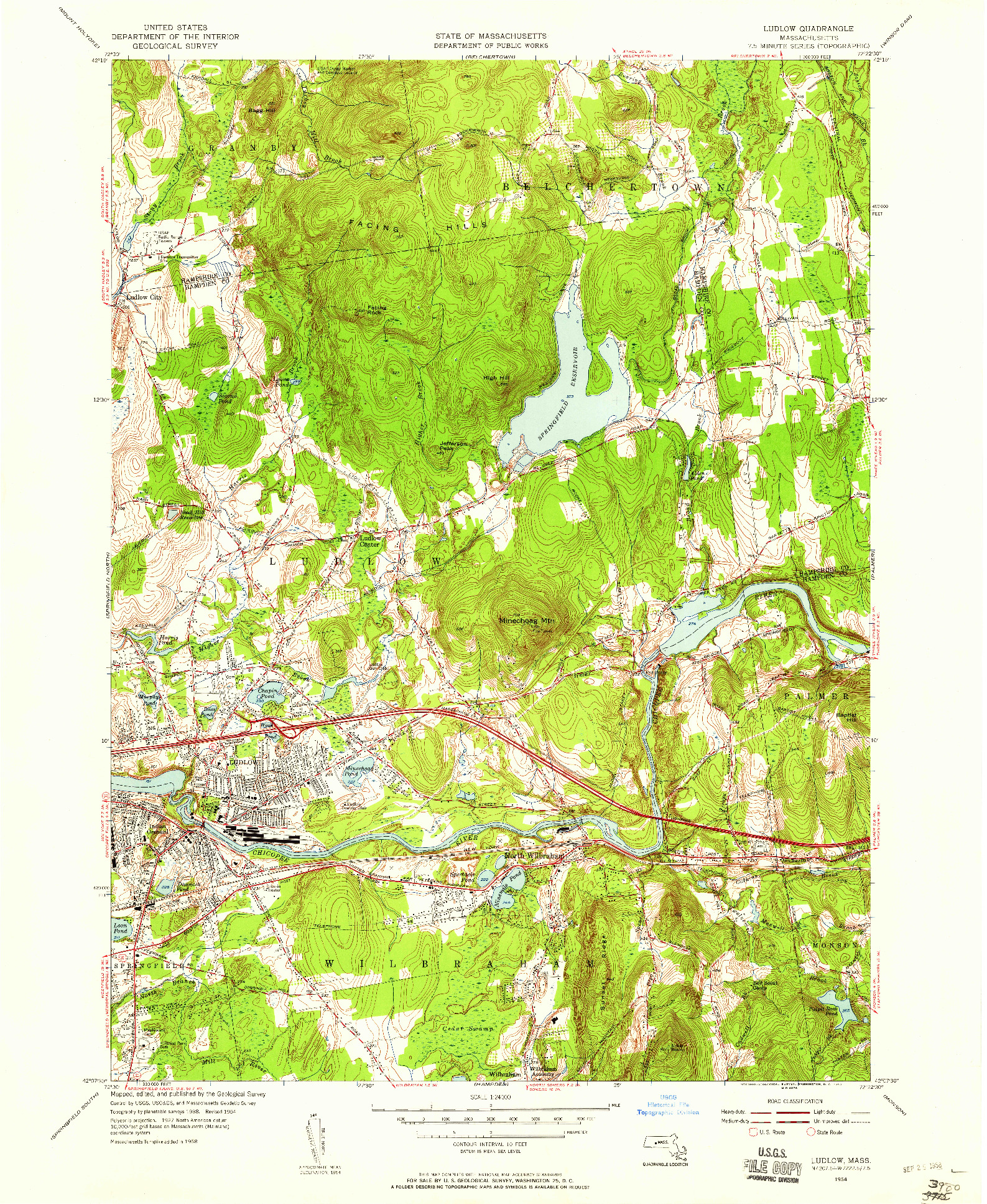 USGS 1:24000-SCALE QUADRANGLE FOR LUDLOW, MA 1954