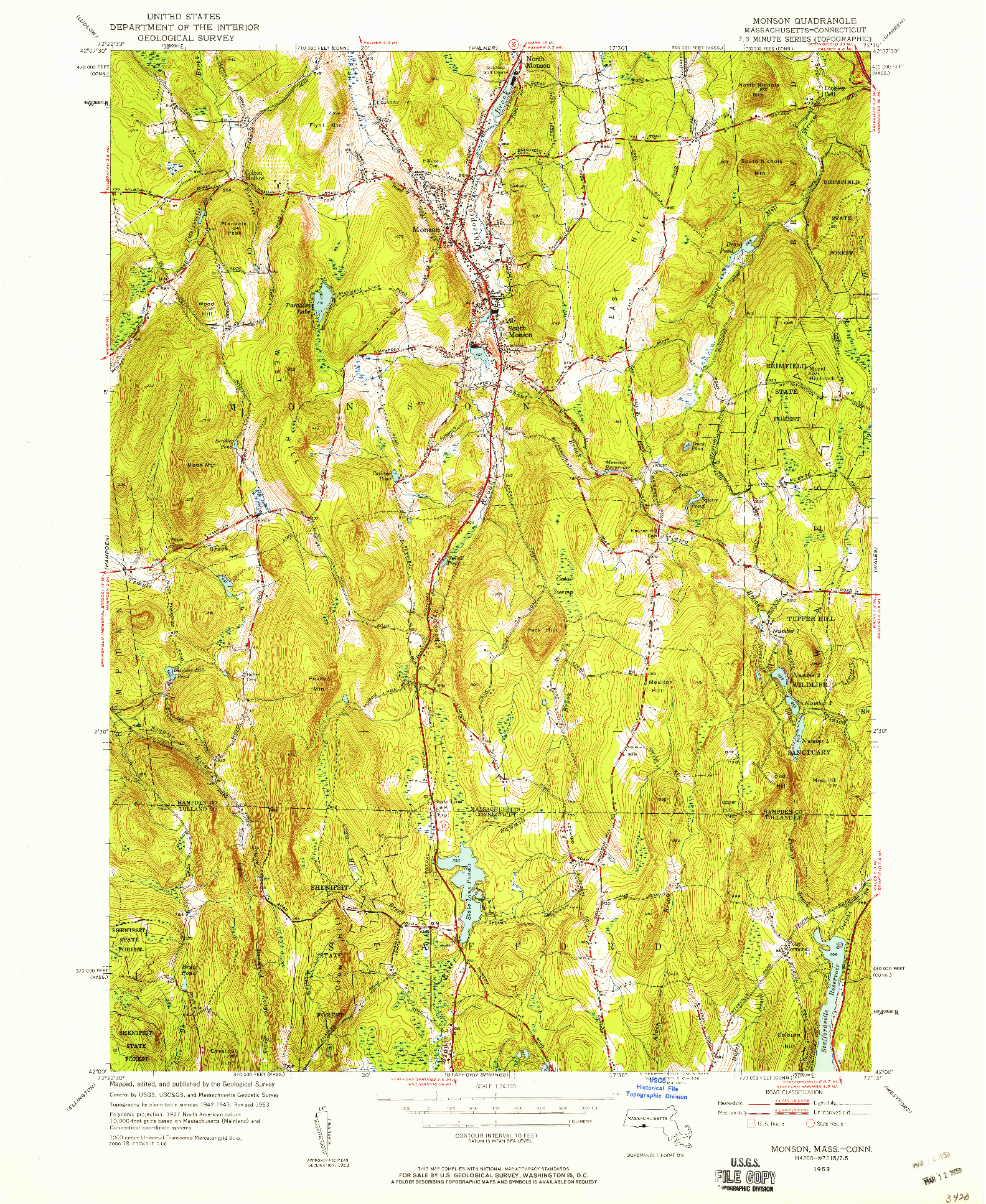 USGS 1:24000-SCALE QUADRANGLE FOR MONSON, MA 1953