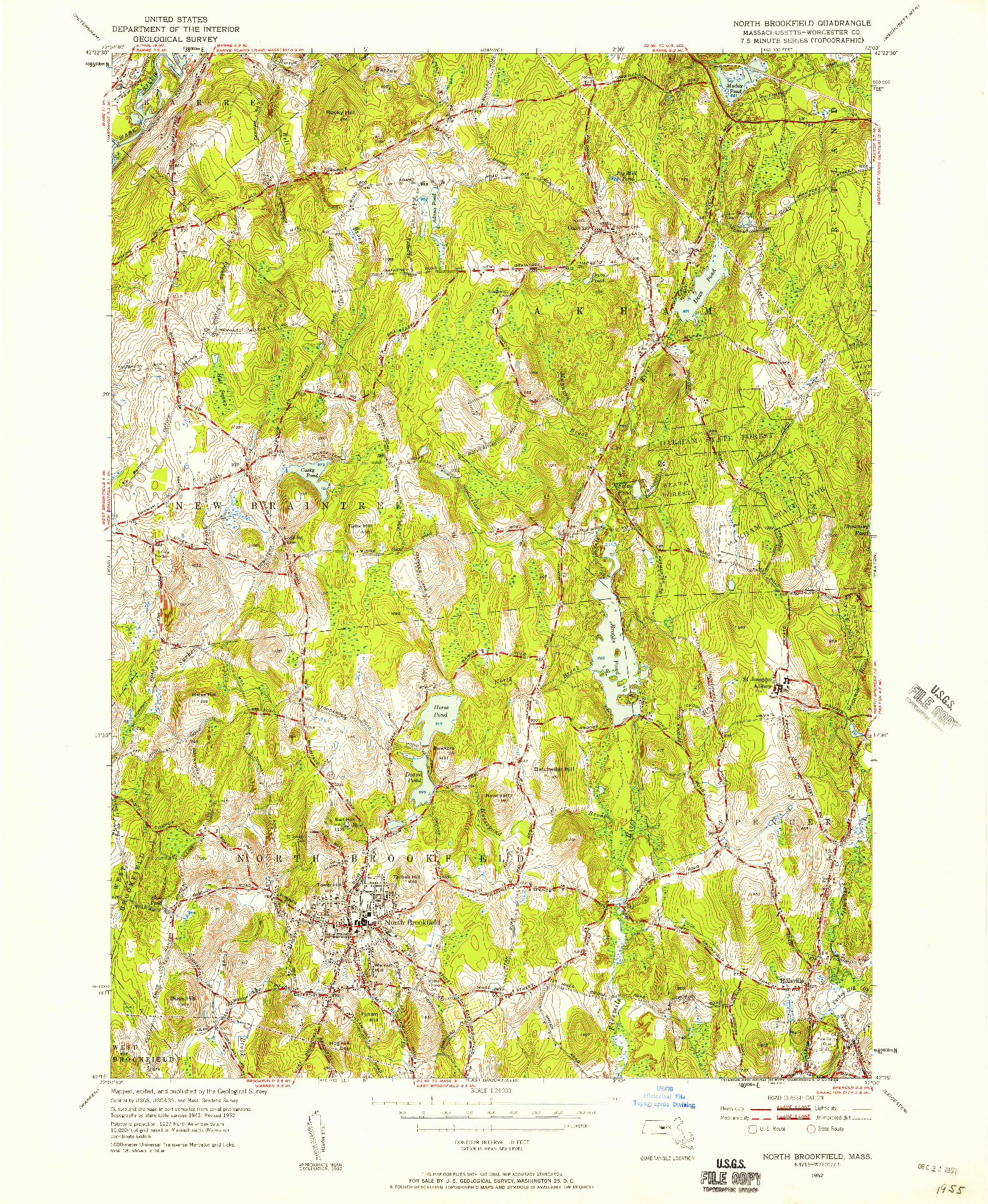 USGS 1:24000-SCALE QUADRANGLE FOR NORTH BROOKFIELD, MA 1952