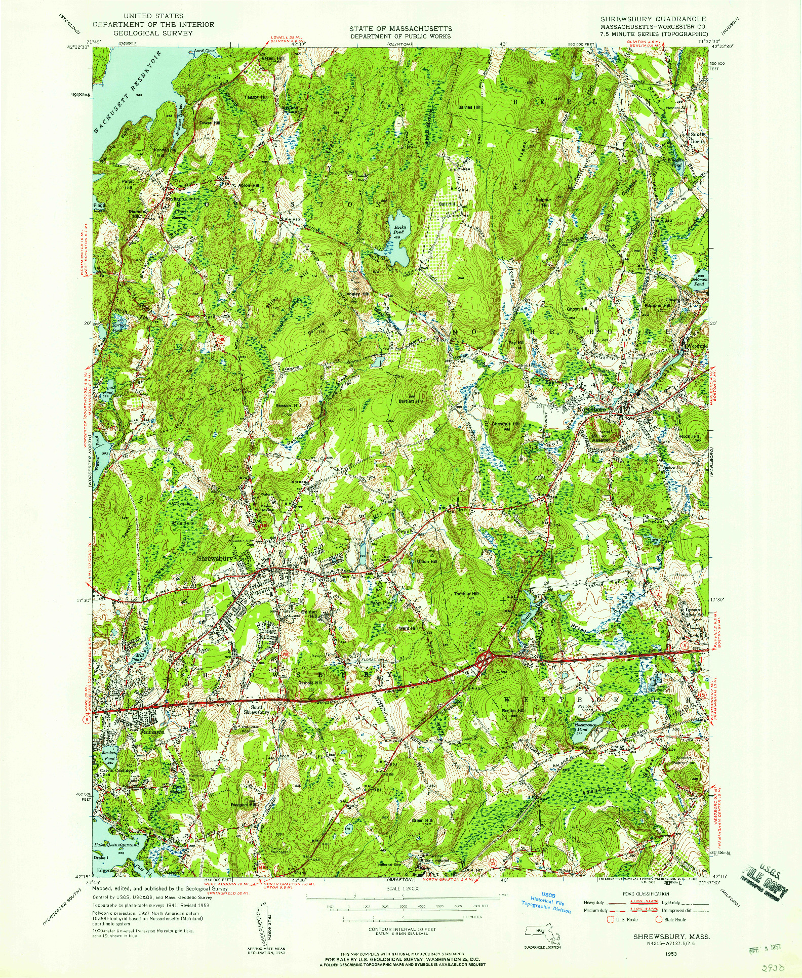 USGS 1:24000-SCALE QUADRANGLE FOR SHREWSBURY, MA 1953