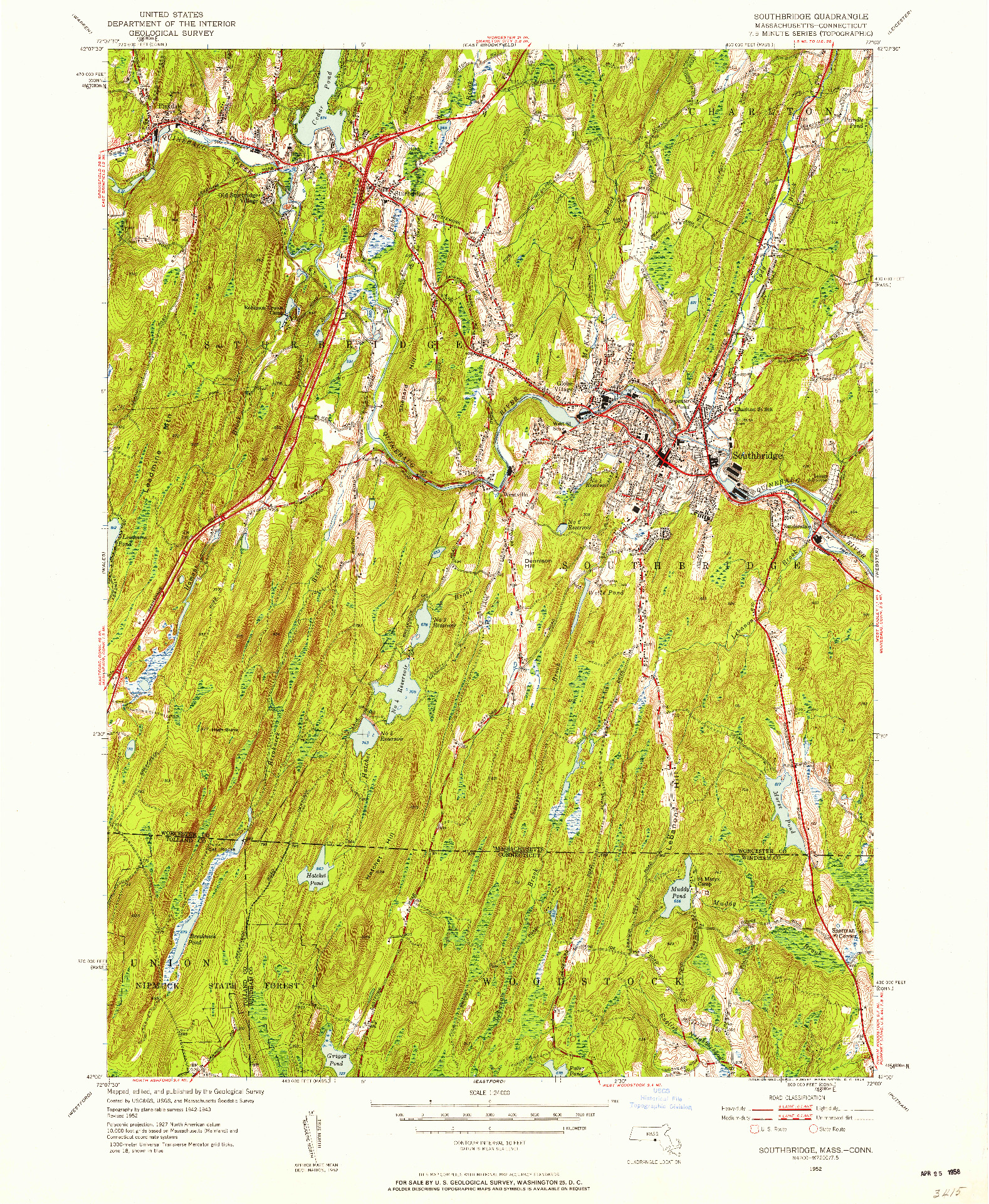 USGS 1:24000-SCALE QUADRANGLE FOR SOUTHBRIDGE, MA 1952