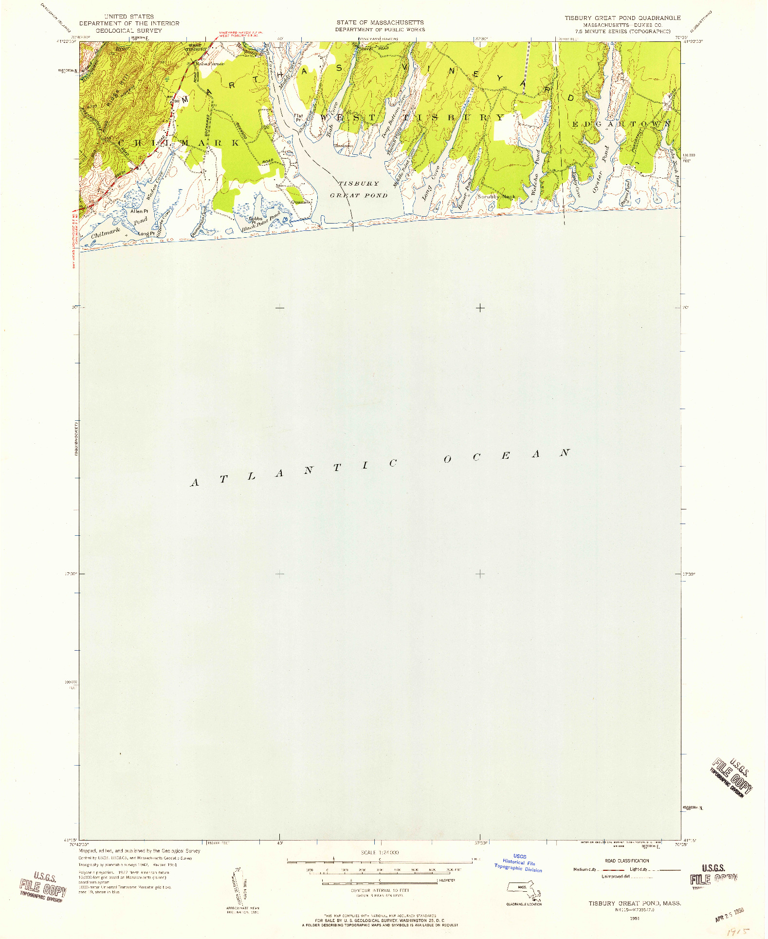 USGS 1:24000-SCALE QUADRANGLE FOR TISBURY GREAT POND, MA 1951