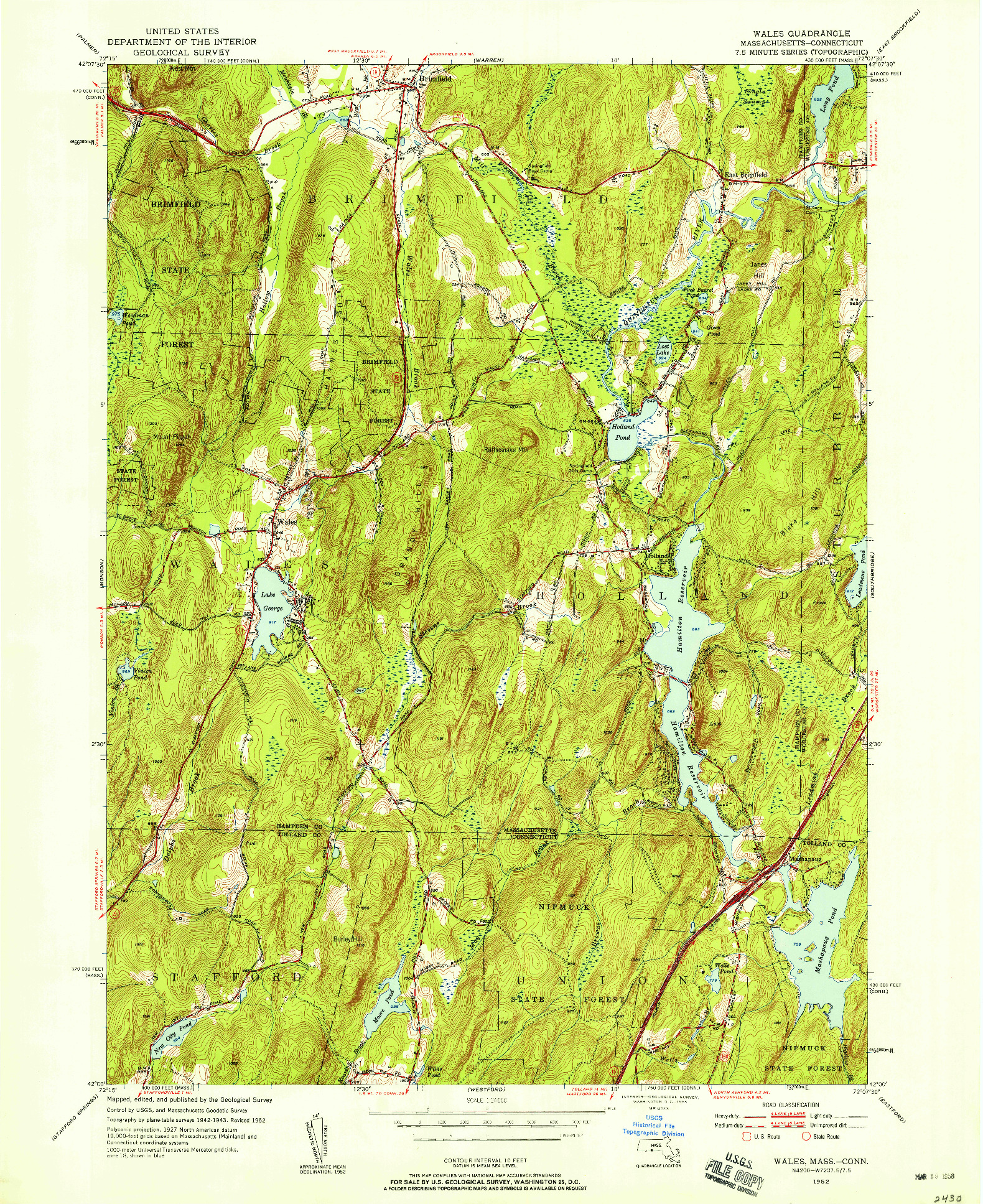 USGS 1:24000-SCALE QUADRANGLE FOR WALES, MA 1952