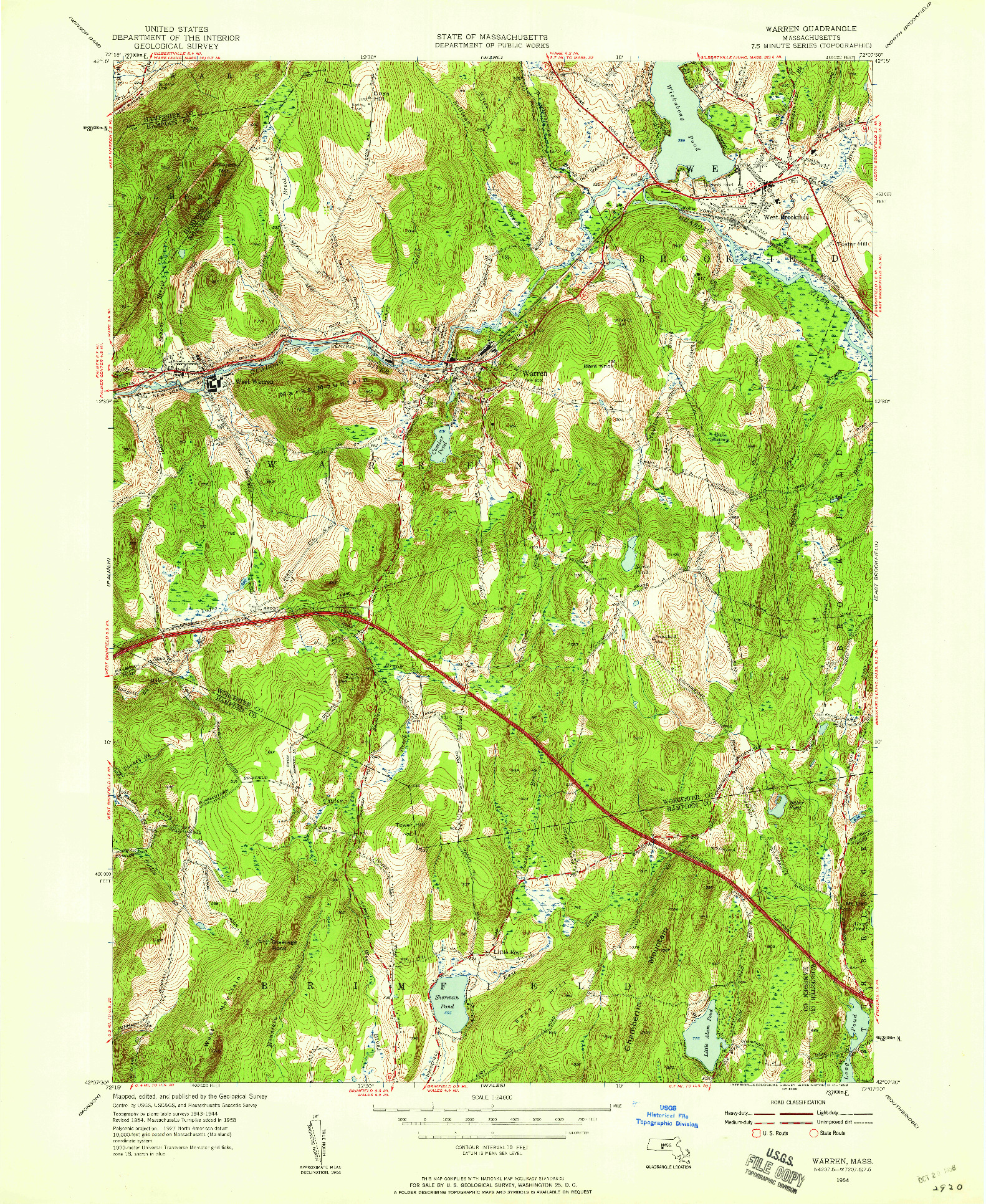 USGS 1:24000-SCALE QUADRANGLE FOR WARREN, MA 1954