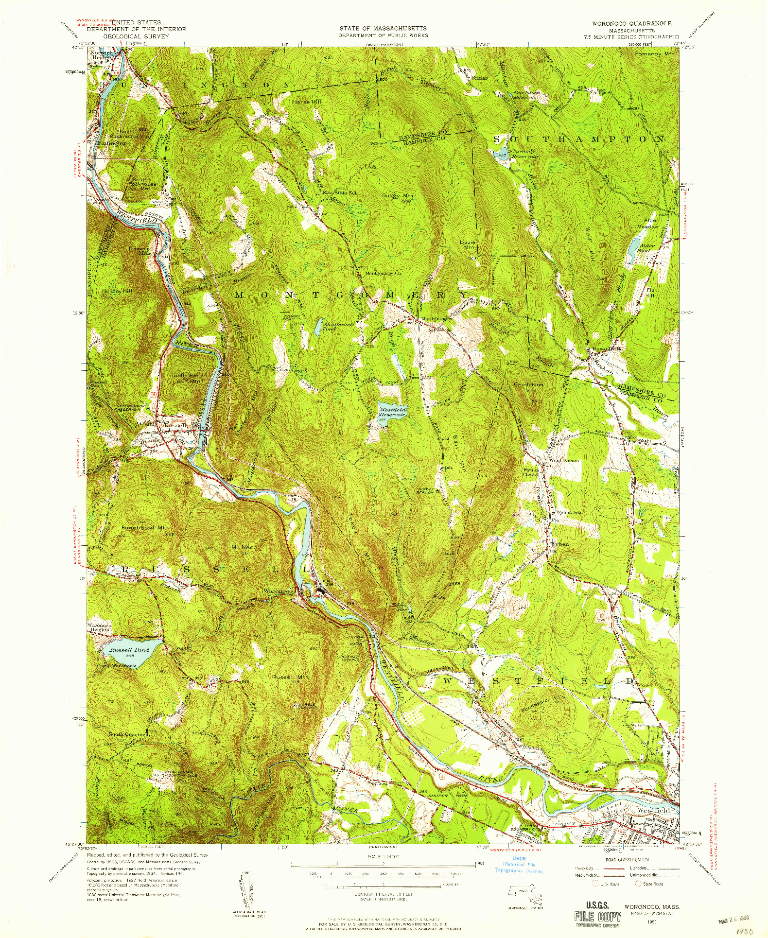 USGS 1:24000-SCALE QUADRANGLE FOR WORONOCO, MA 1951