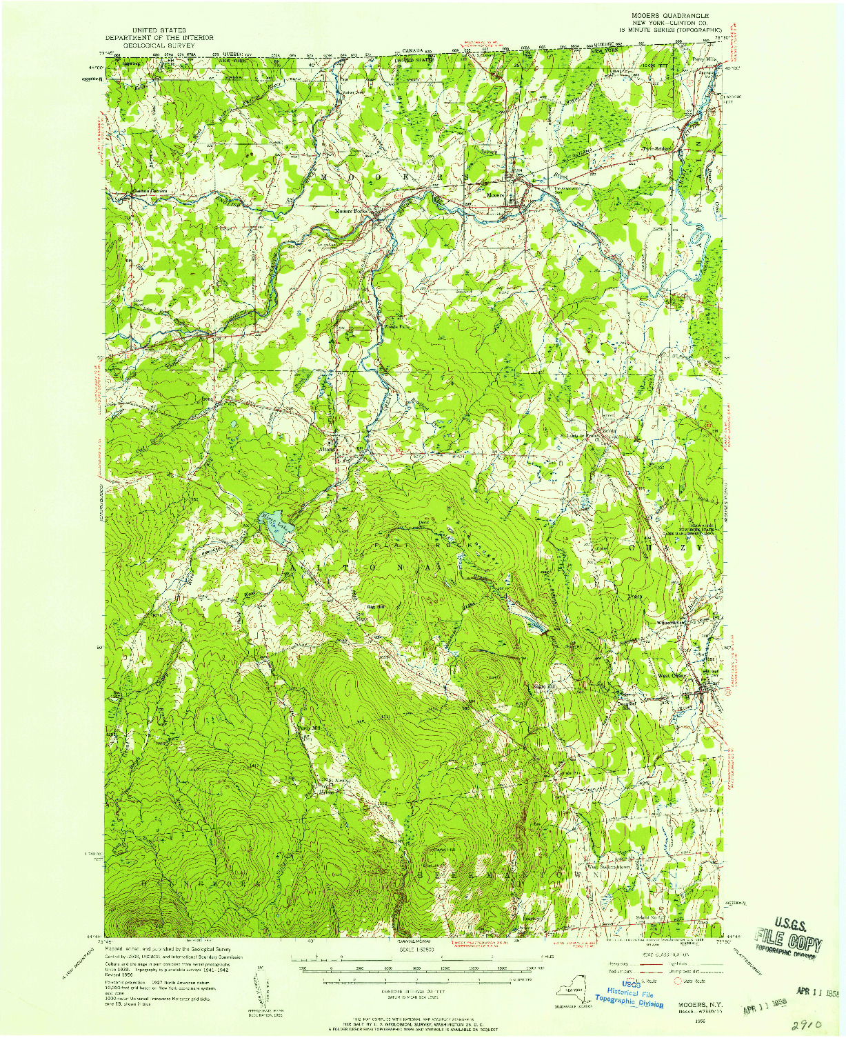 USGS 1:62500-SCALE QUADRANGLE FOR MOOERS, NY 1956
