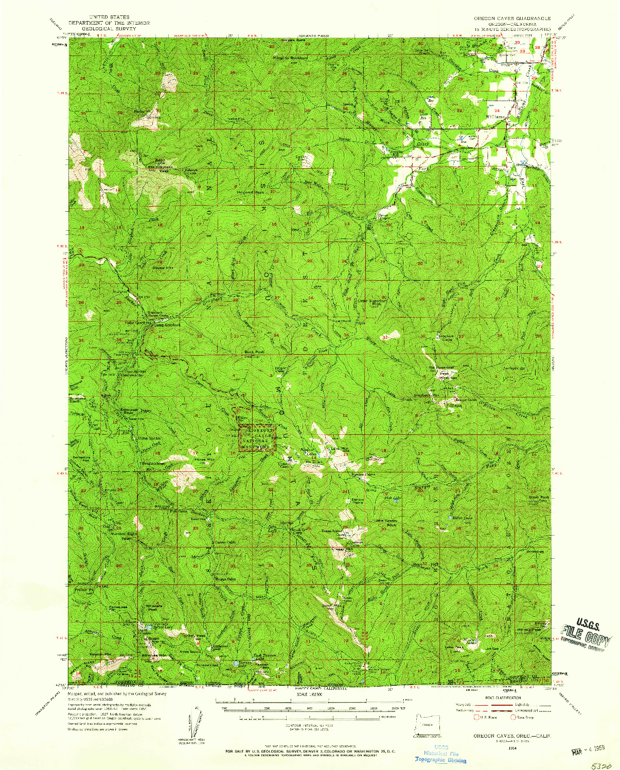 USGS 1:62500-SCALE QUADRANGLE FOR OREGON CAVES, OR 1954