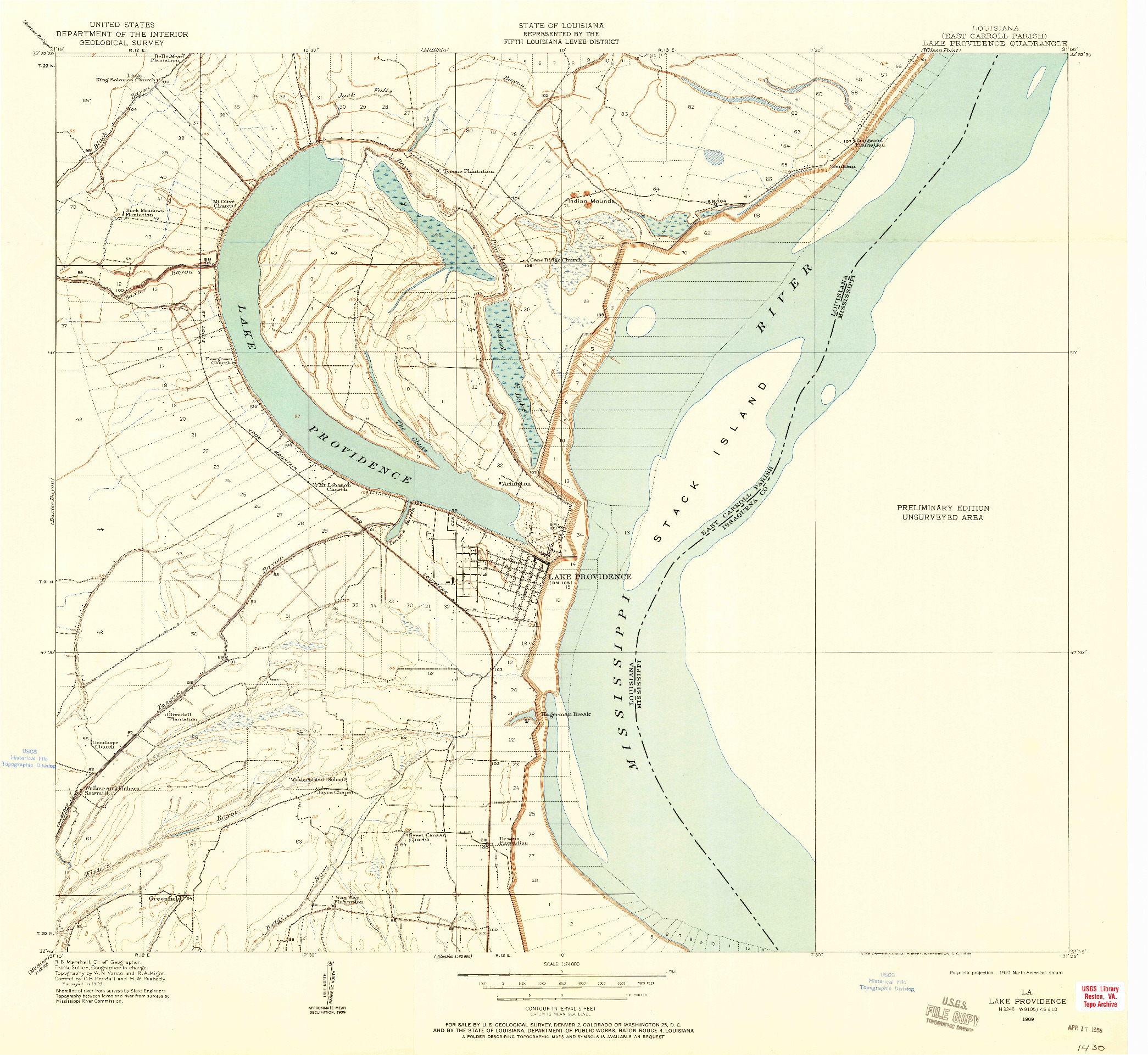 USGS 1:24000-SCALE QUADRANGLE FOR LAKE PROVIDENCE, LA 1909