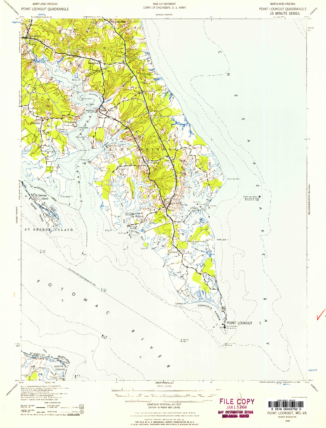 USGS 1:62500-SCALE QUADRANGLE FOR POINT LOOKOUT, MD 1937