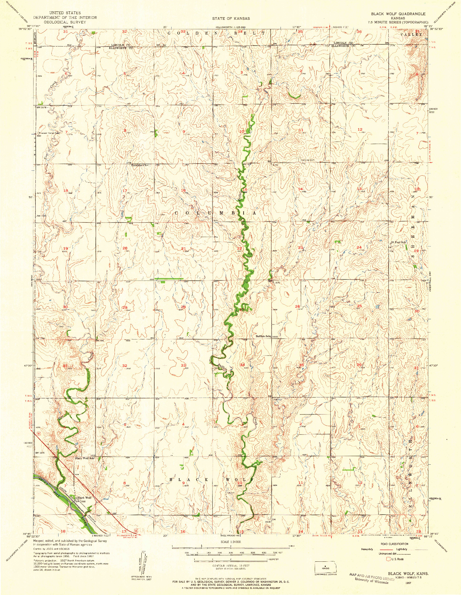 USGS 1:24000-SCALE QUADRANGLE FOR BLACK WOLF, KS 1957