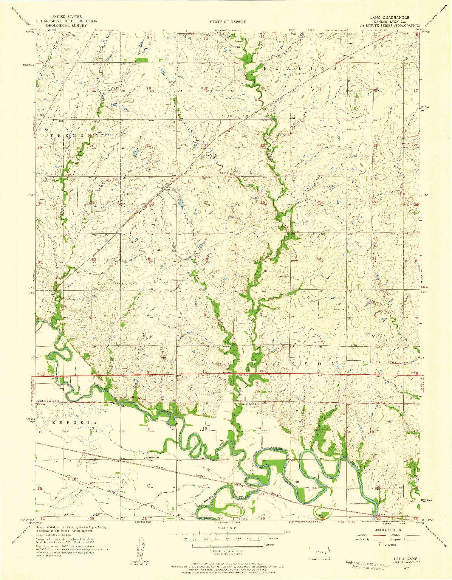 USGS 1:24000-SCALE QUADRANGLE FOR LANG, KS 1957