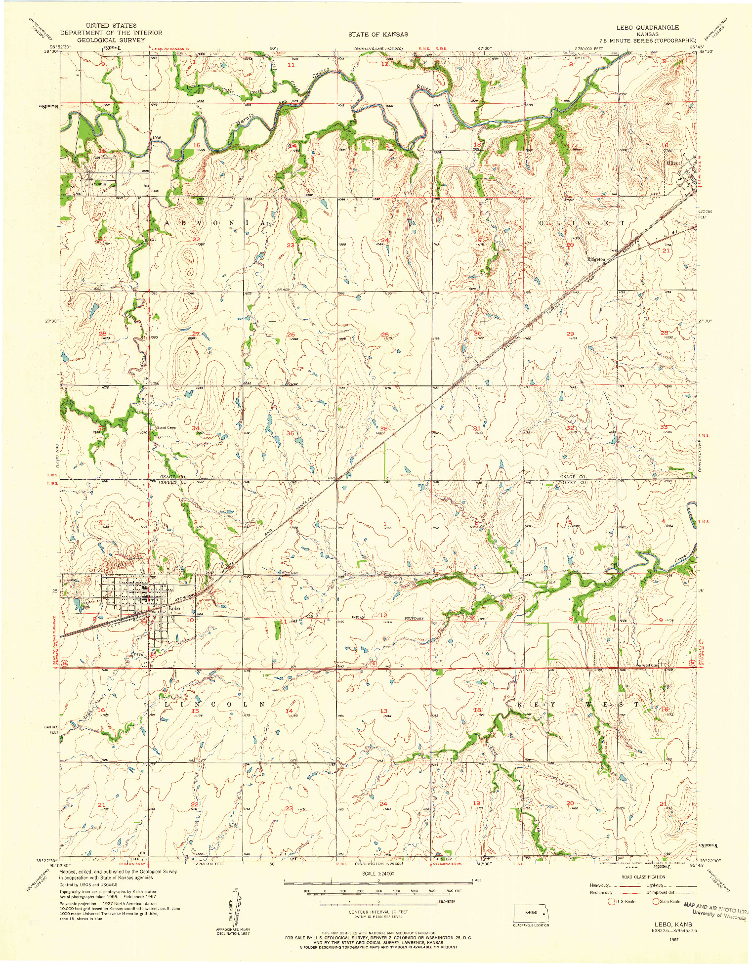 USGS 1:24000-SCALE QUADRANGLE FOR LEBO, KS 1957