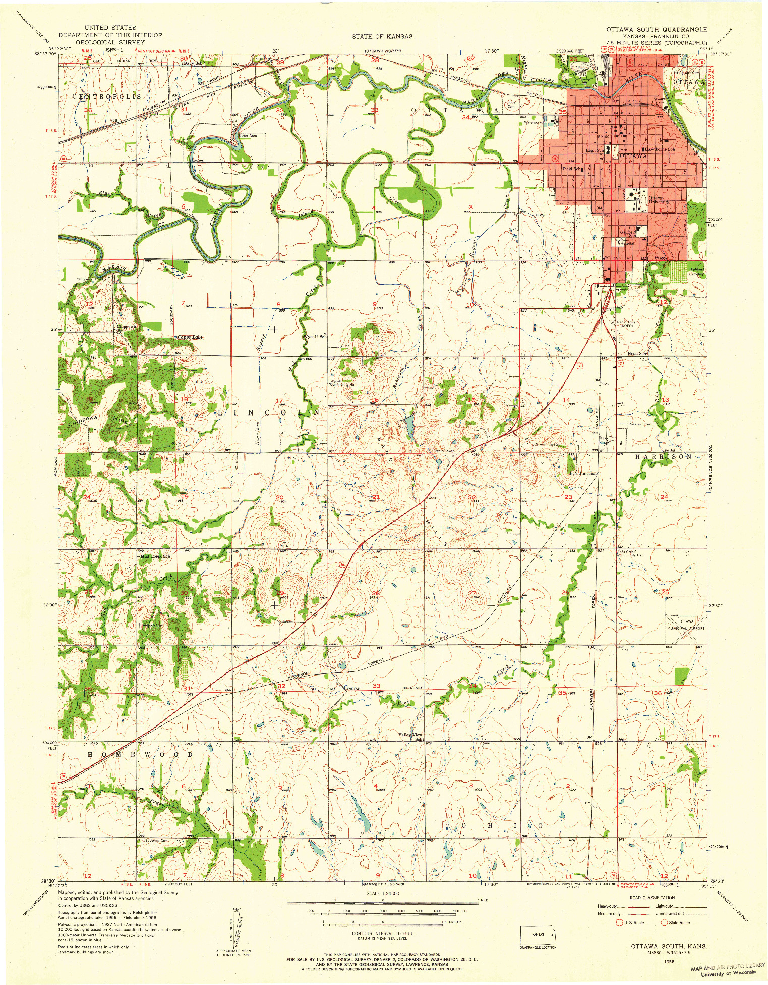 USGS 1:24000-SCALE QUADRANGLE FOR OTTAWA SOUTH, KS 1956