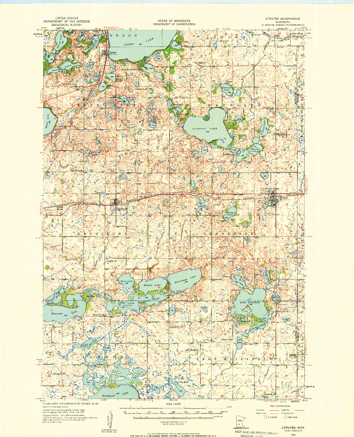 USGS 1:62500-SCALE QUADRANGLE FOR ATWATER, MN 1956
