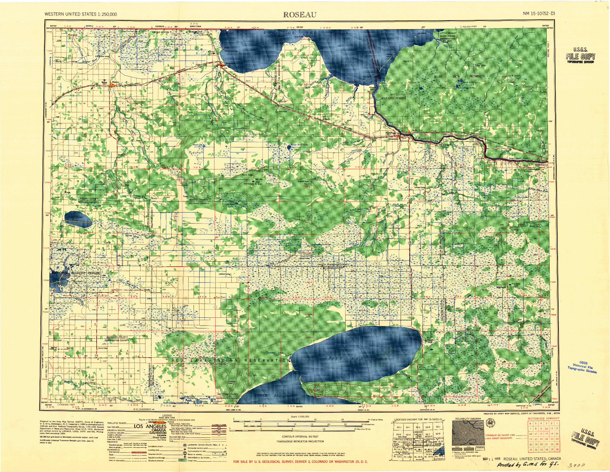 USGS 1:250000-SCALE QUADRANGLE FOR ROSEAU, MN 1958