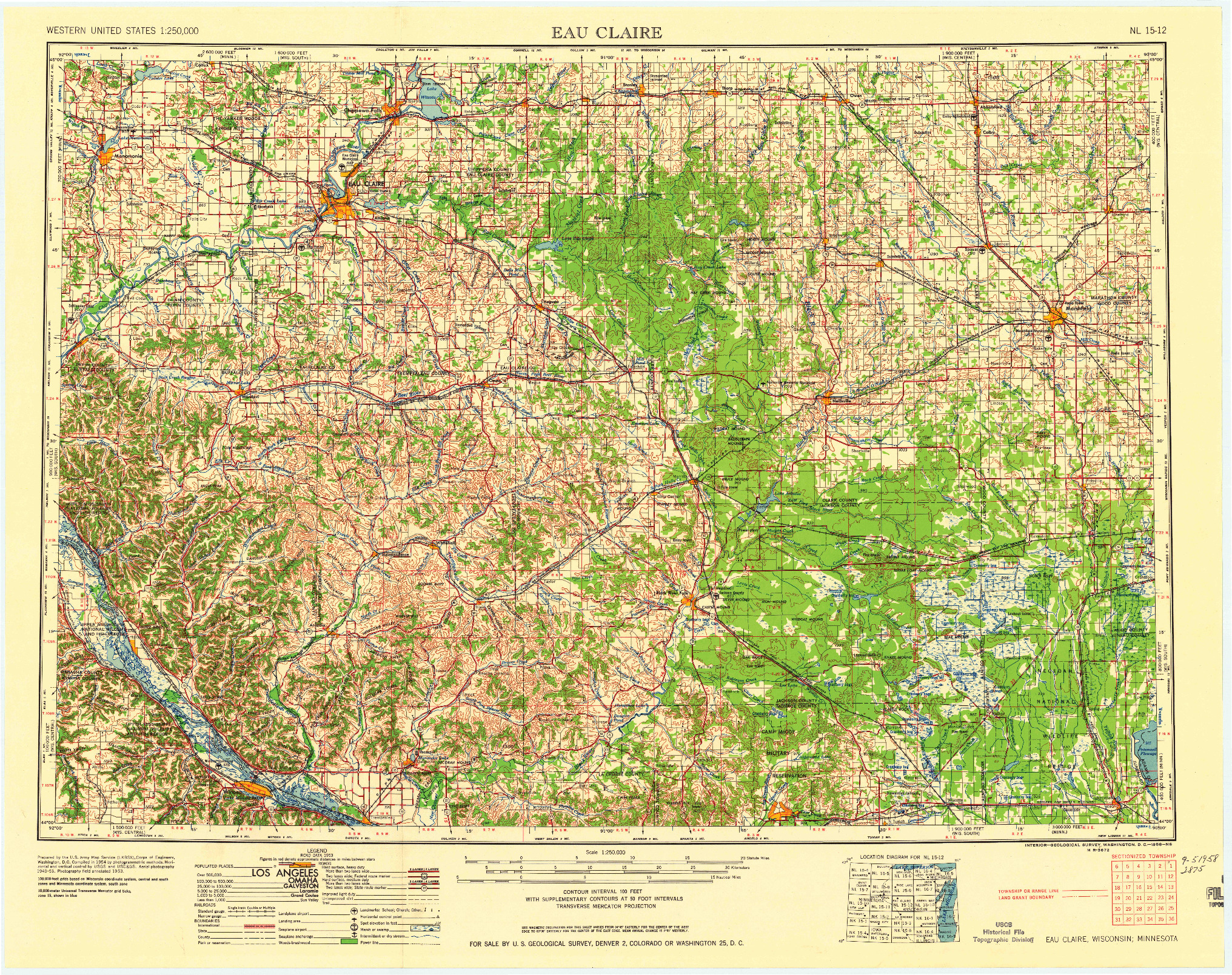 USGS 1:250000-SCALE QUADRANGLE FOR EAU CLAIRE, WI 1958