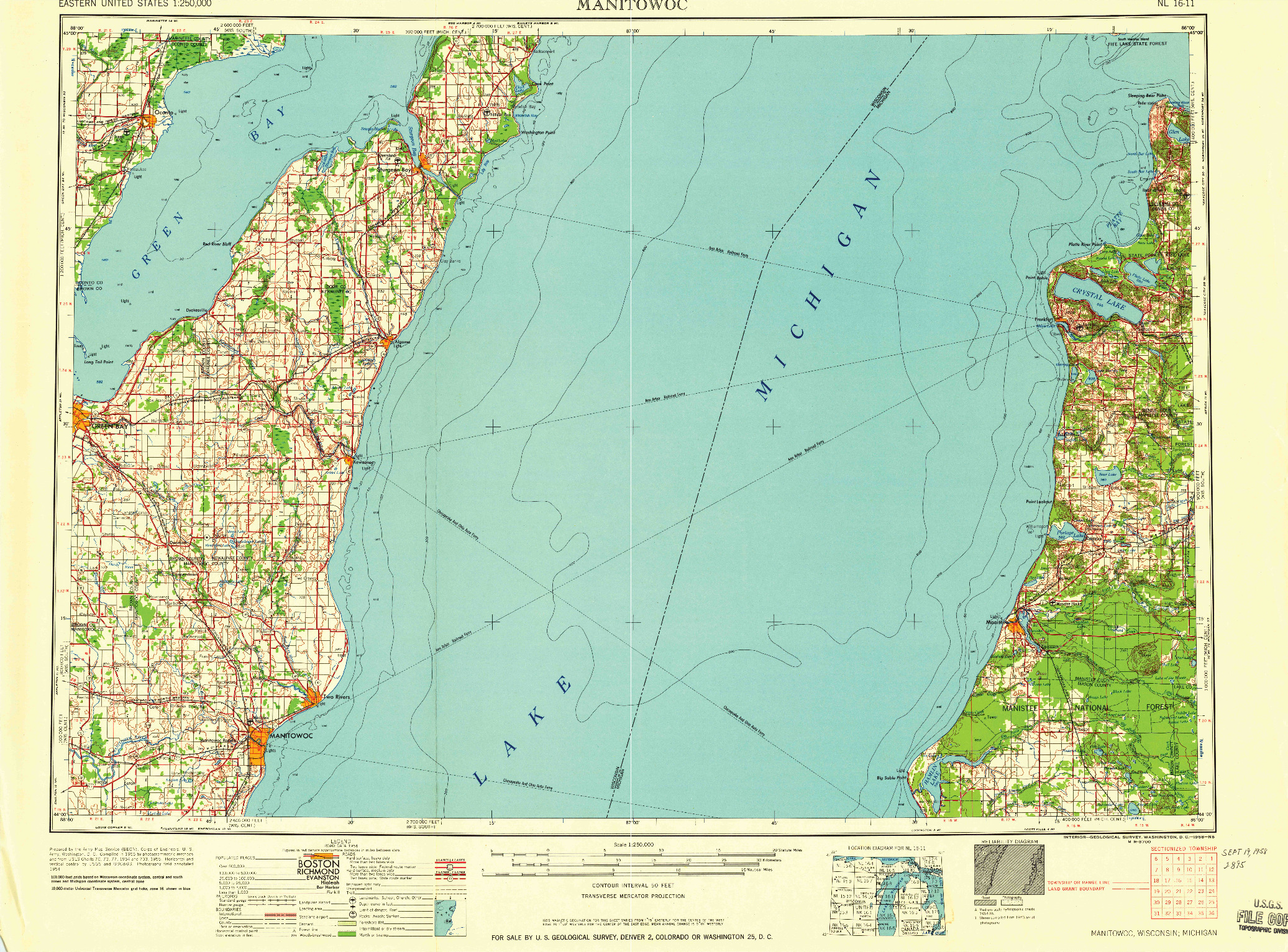 USGS 1:250000-SCALE QUADRANGLE FOR MANITOWOC, WI 1958