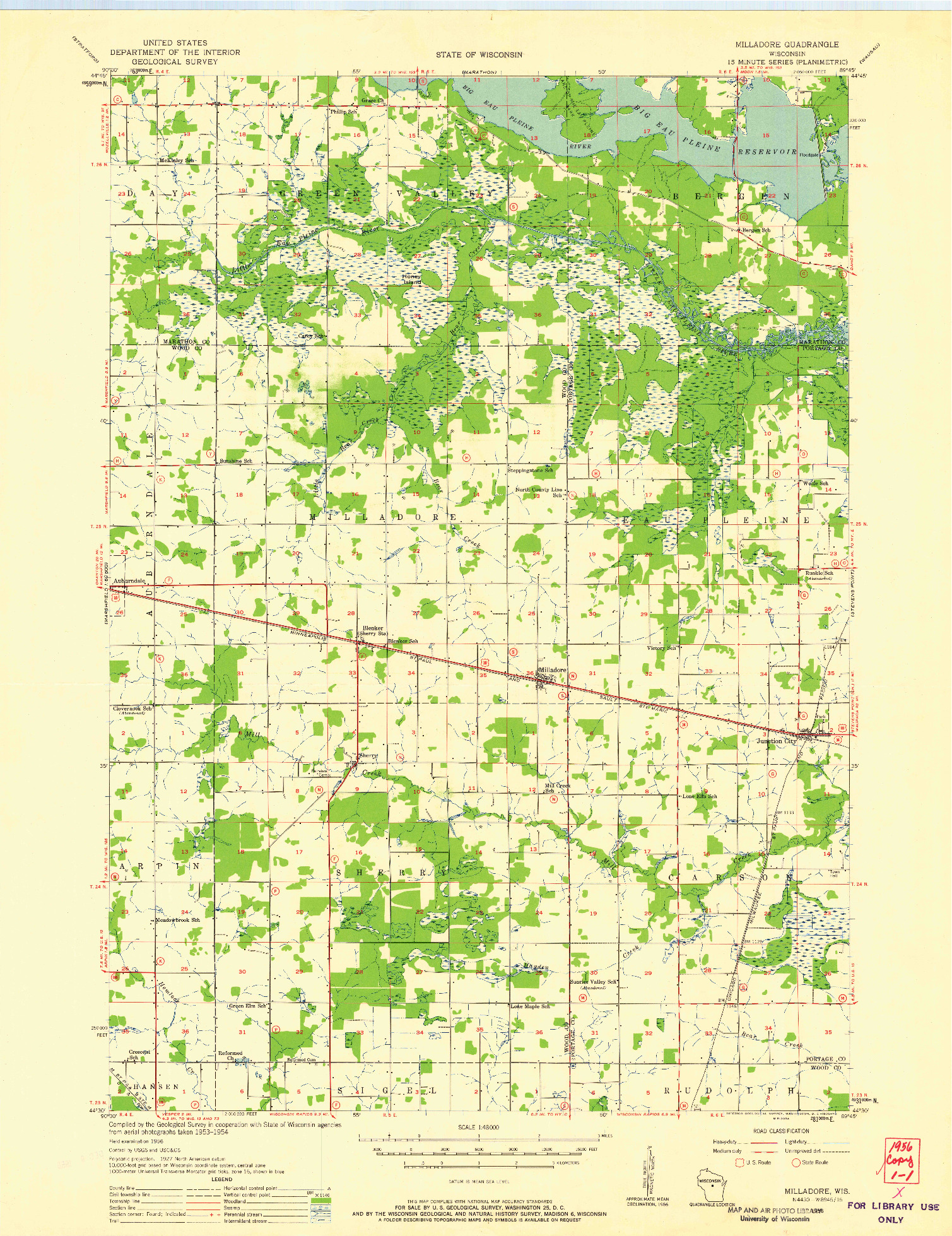 USGS 1:48000-SCALE QUADRANGLE FOR MILLADORE, WI 1956