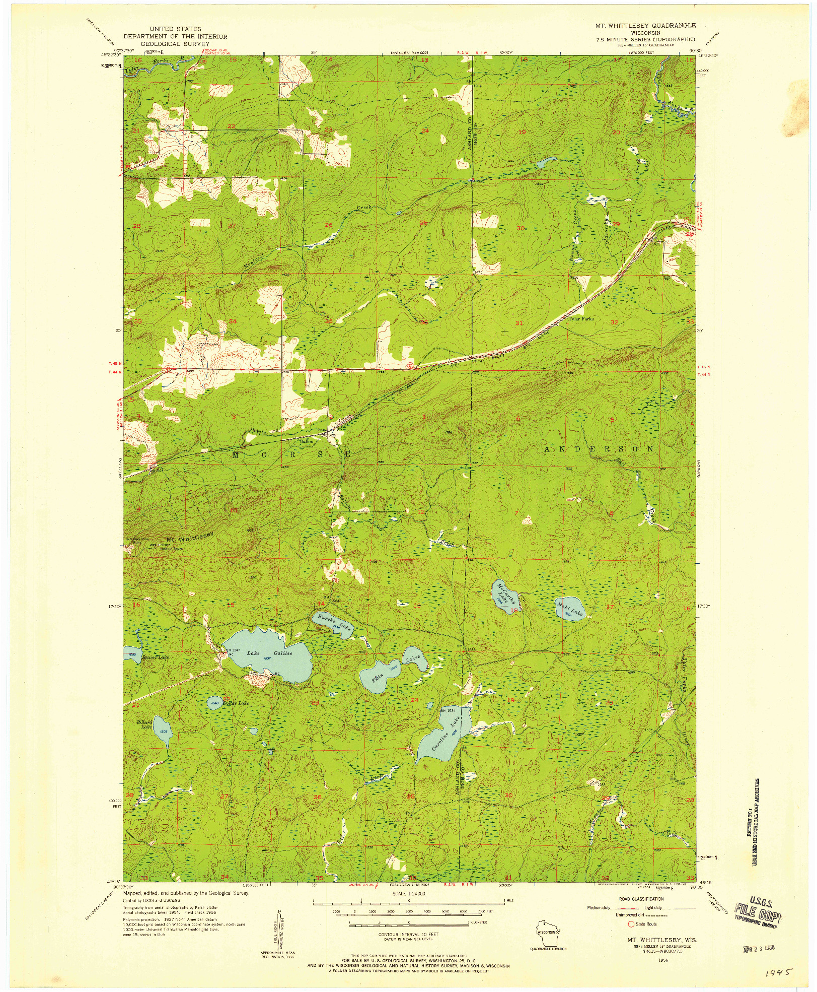 USGS 1:24000-SCALE QUADRANGLE FOR MT. WHITTLESEY, WI 1956