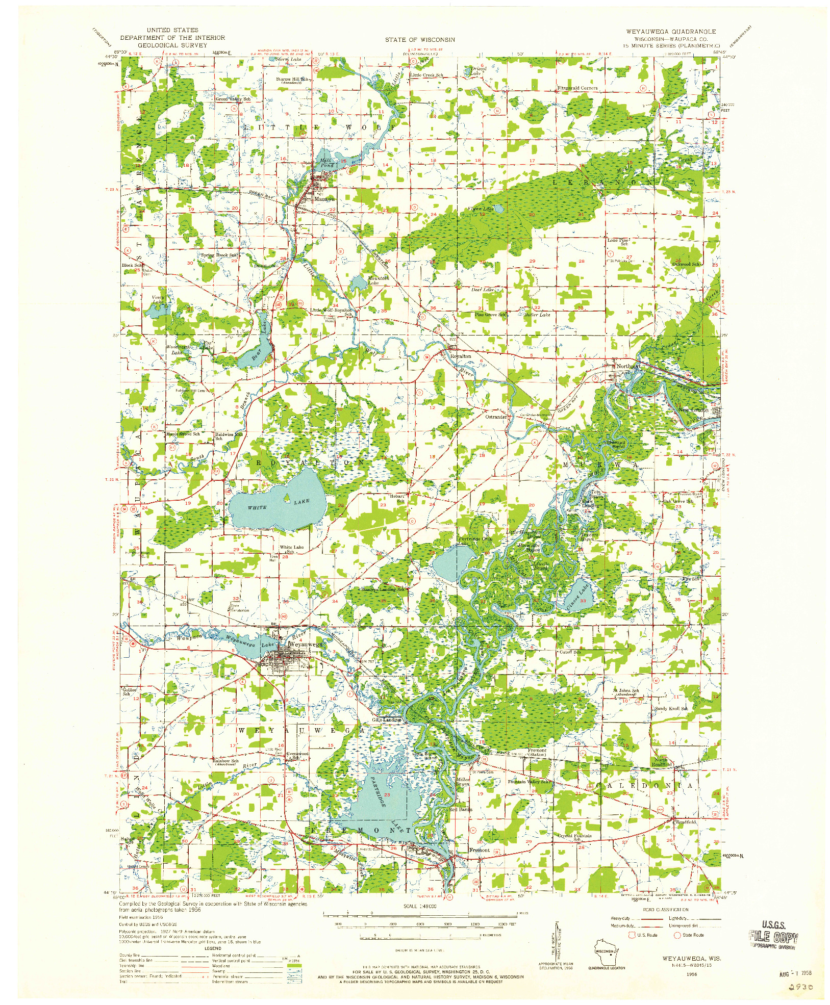 USGS 1:48000-SCALE QUADRANGLE FOR WEYAUWEGA, WI 1956