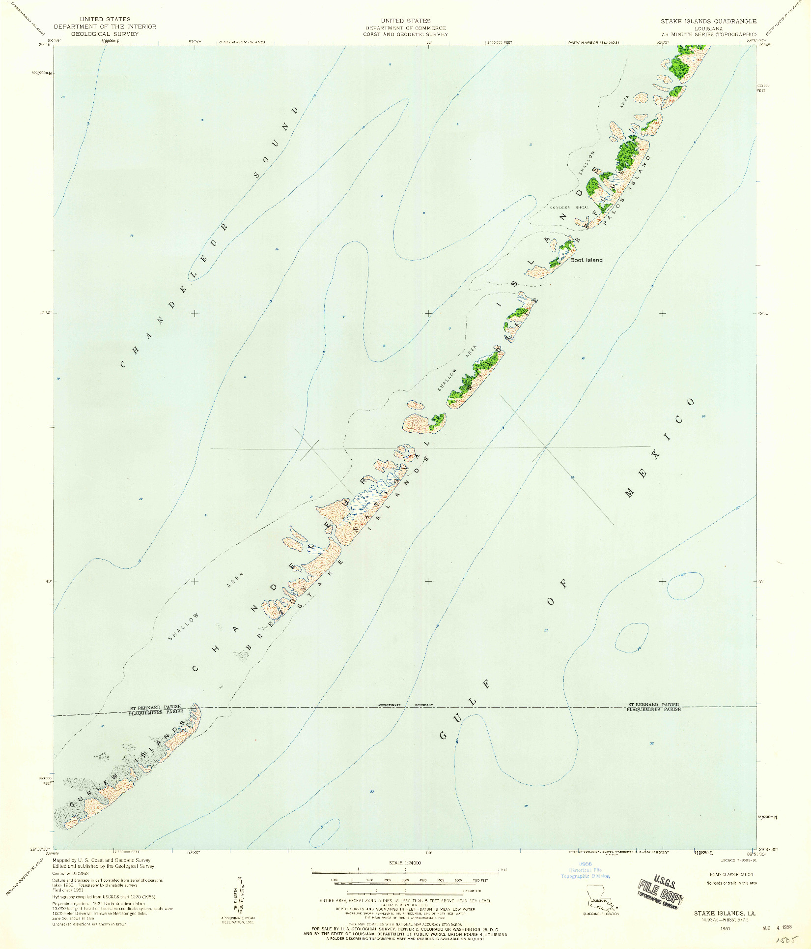 USGS 1:24000-SCALE QUADRANGLE FOR STAKE ISLANDS, LA 1951