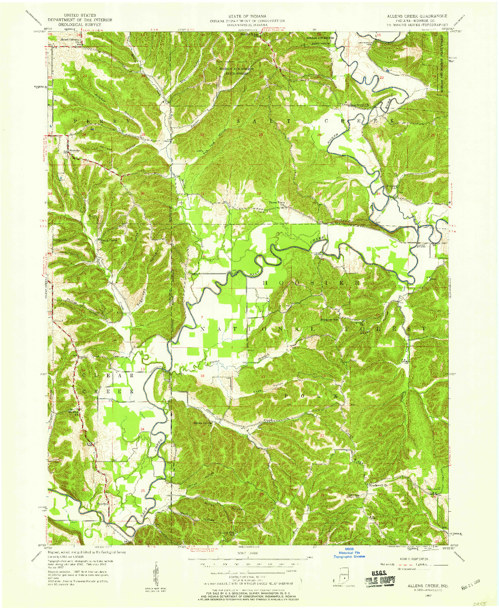 USGS 1:24000-SCALE QUADRANGLE FOR ALLENS CREEK, IN 1957